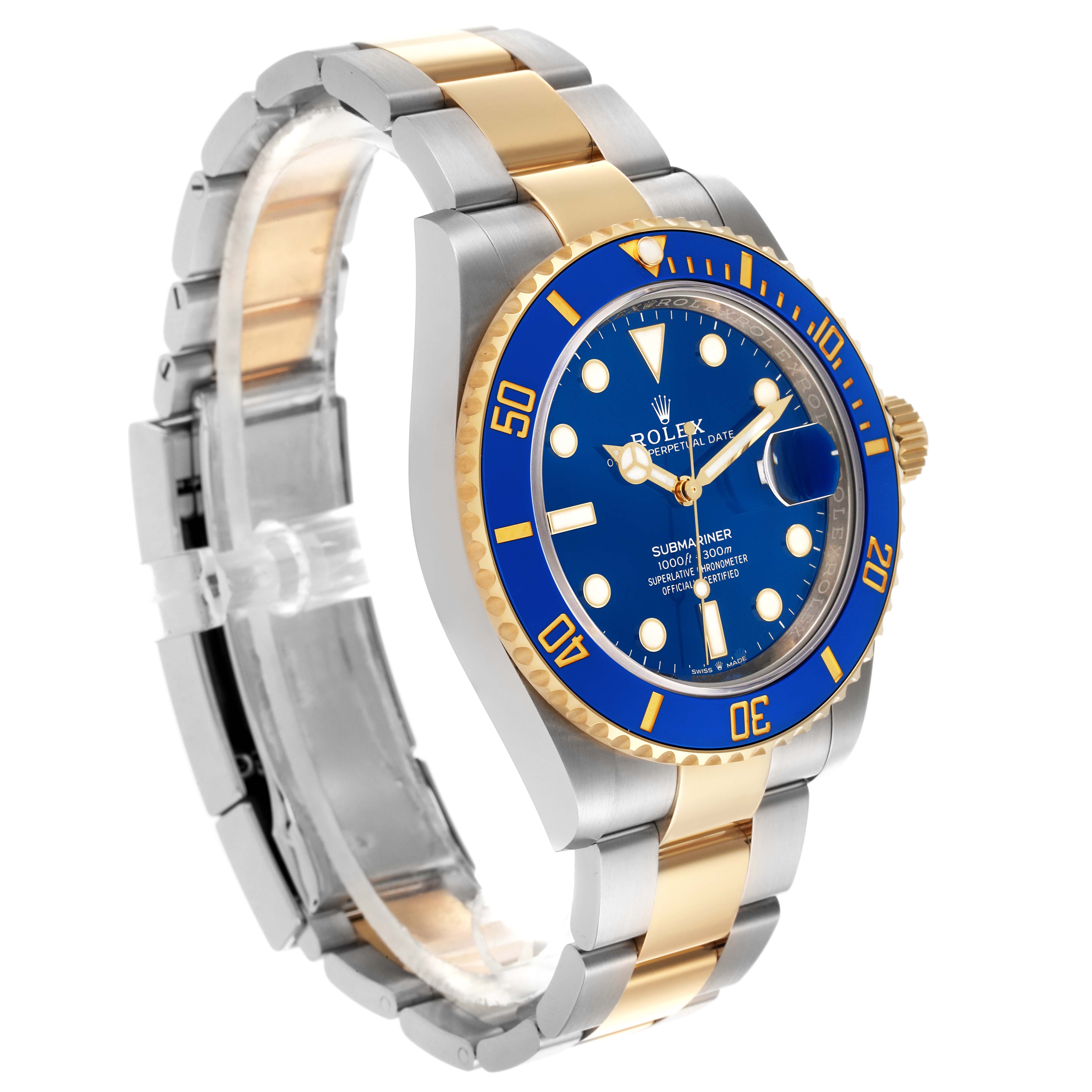 The Rolex Submariner 126613LB Men's Steel and Gold (two tone) Blue Dial 126613LB Men's Steel and Gold (two tone) Blue Dial is shown at a three-quarter angle, highlighting the blue dial, bezel, and two-tone metal bracelet.