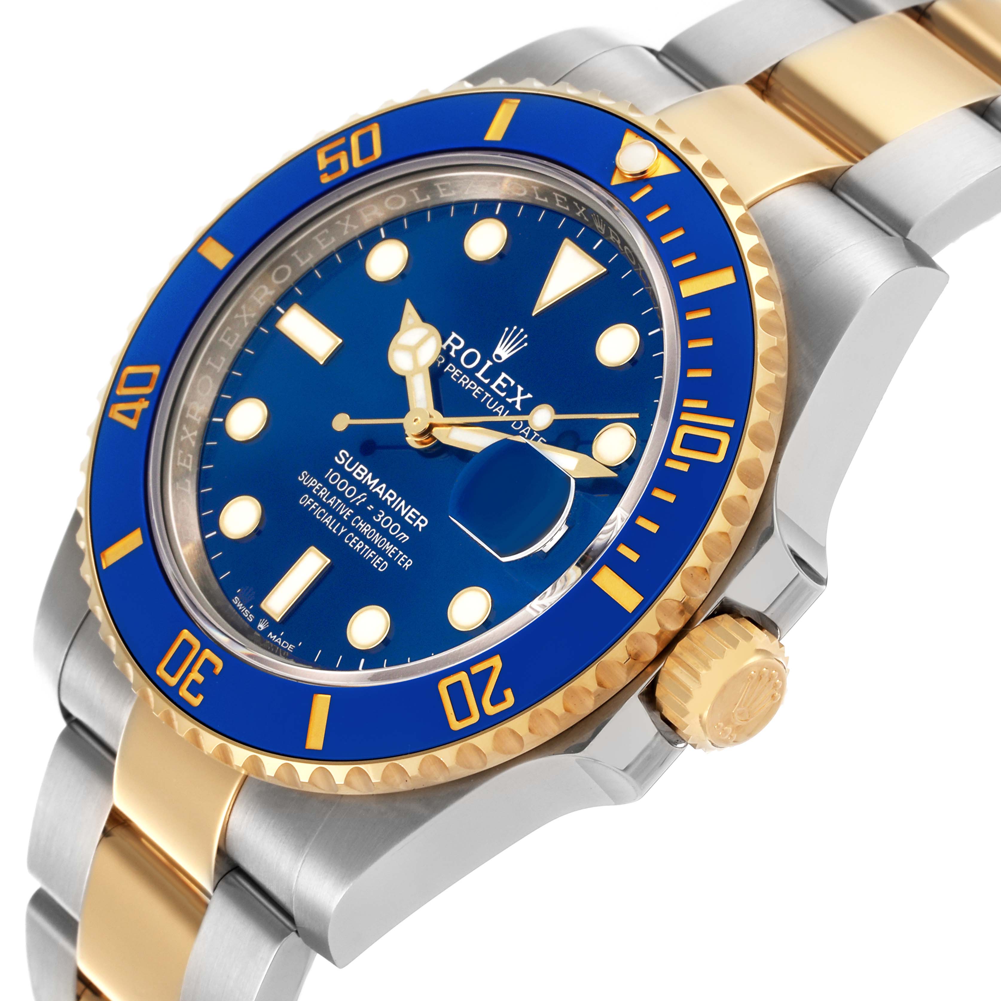 The Rolex Submariner 126613LB Men's Steel and Gold (two tone) Blue Dial 126613LB Men's Steel and Gold (two tone) Blue Dial watch is shown at a tilted angle, highlighting the dial, bezel, case, and part of the bracelet.
