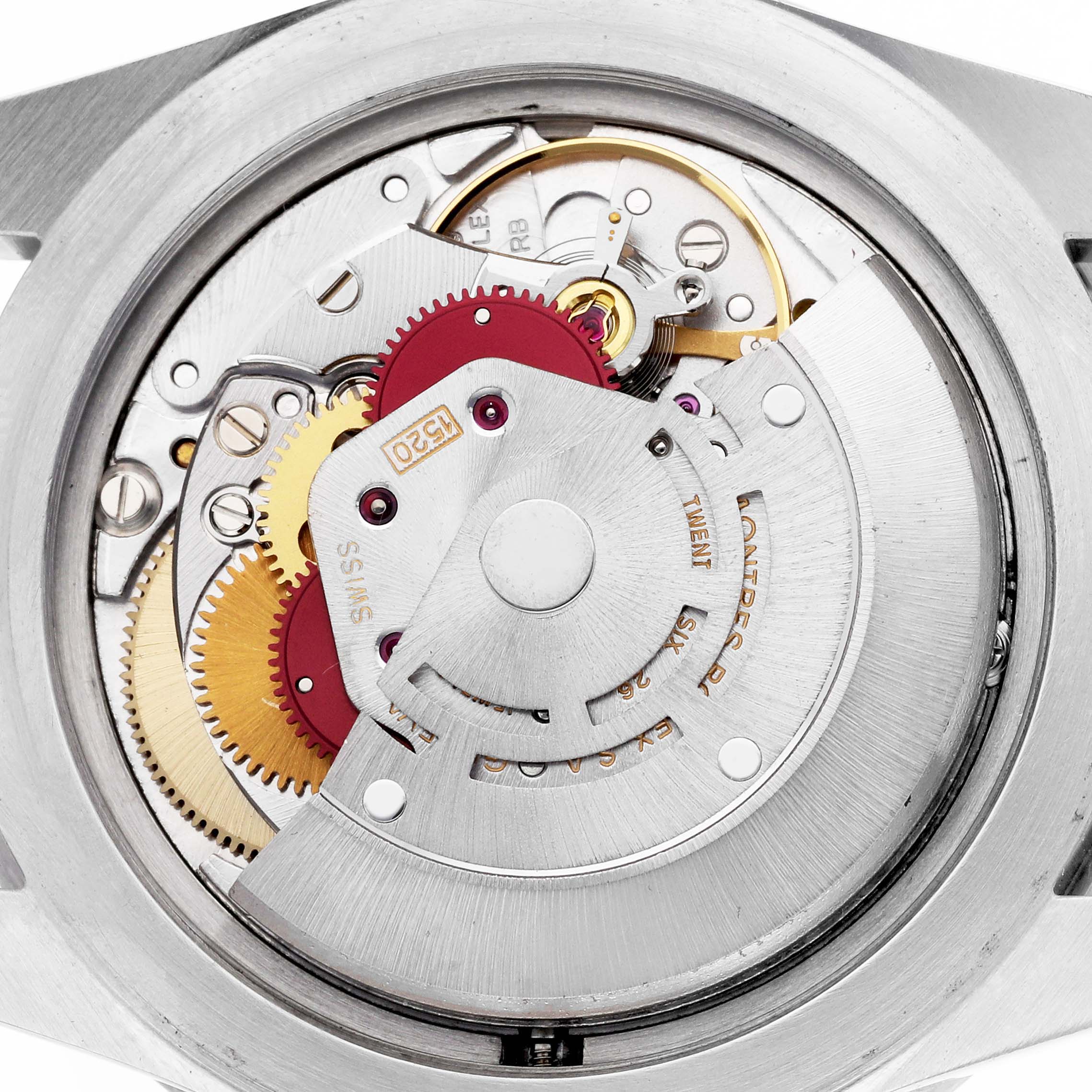 The image shows the internal mechanism of a Rolex Submariner 5513 Men's Stainless Steel Black Dial watch, focusing on gears and movement parts from a top-down angle.