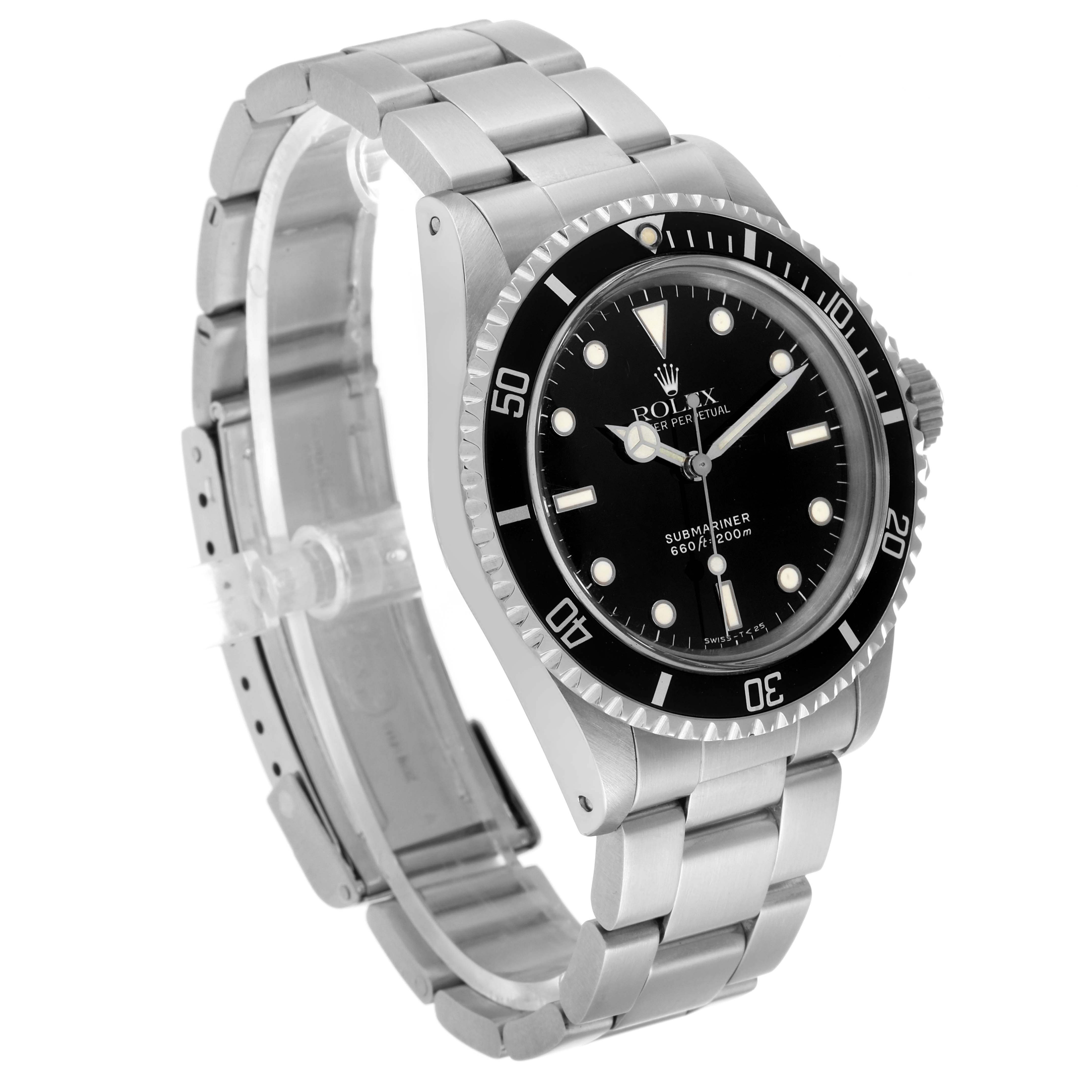 The Rolex Submariner 5513 Men's Stainless Steel Black Dial watch is shown at an angle, displaying its face, bezel, and bracelet.