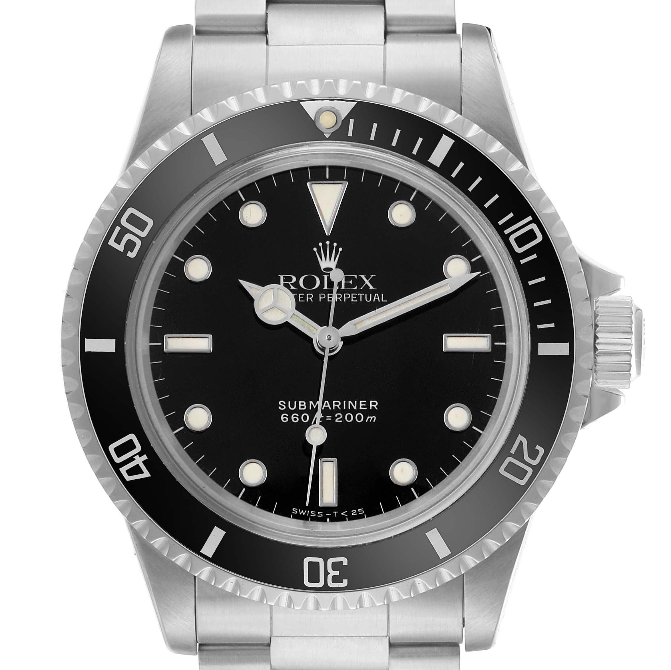 The image shows a frontal view of the Rolex Submariner 5513 Men's Stainless Steel Black Dial, highlighting the dial, bezel, case, and part of the bracelet.