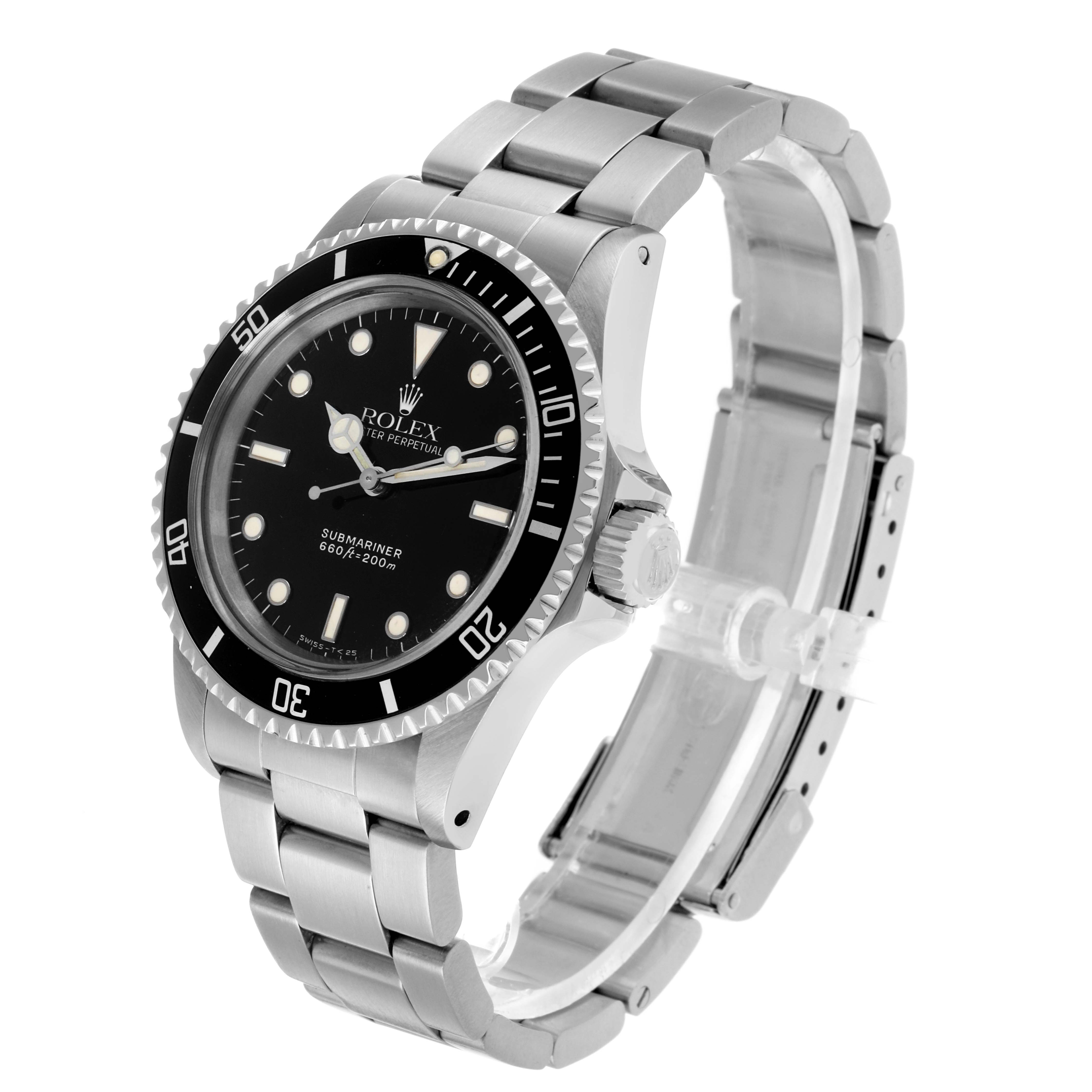 The Rolex Submariner 5513 Men's Stainless Steel Black Dial is shown at a 3/4 angle, highlighting its face, bezel, and bracelet.