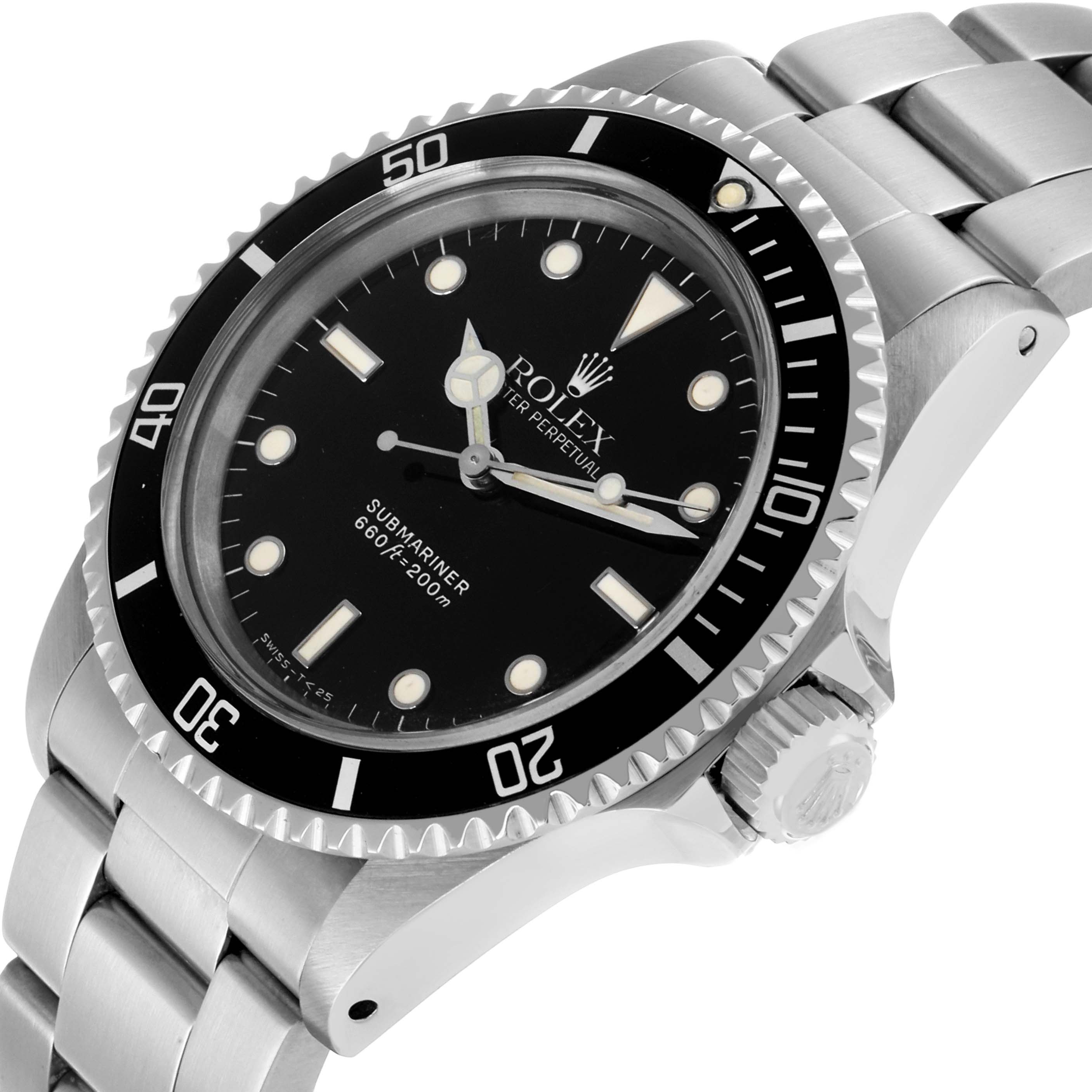 The Rolex Submariner 5513 Men's Stainless Steel Black Dial watch is shown at an angle displaying its black dial, bezel, crown, and part of the metal bracelet.