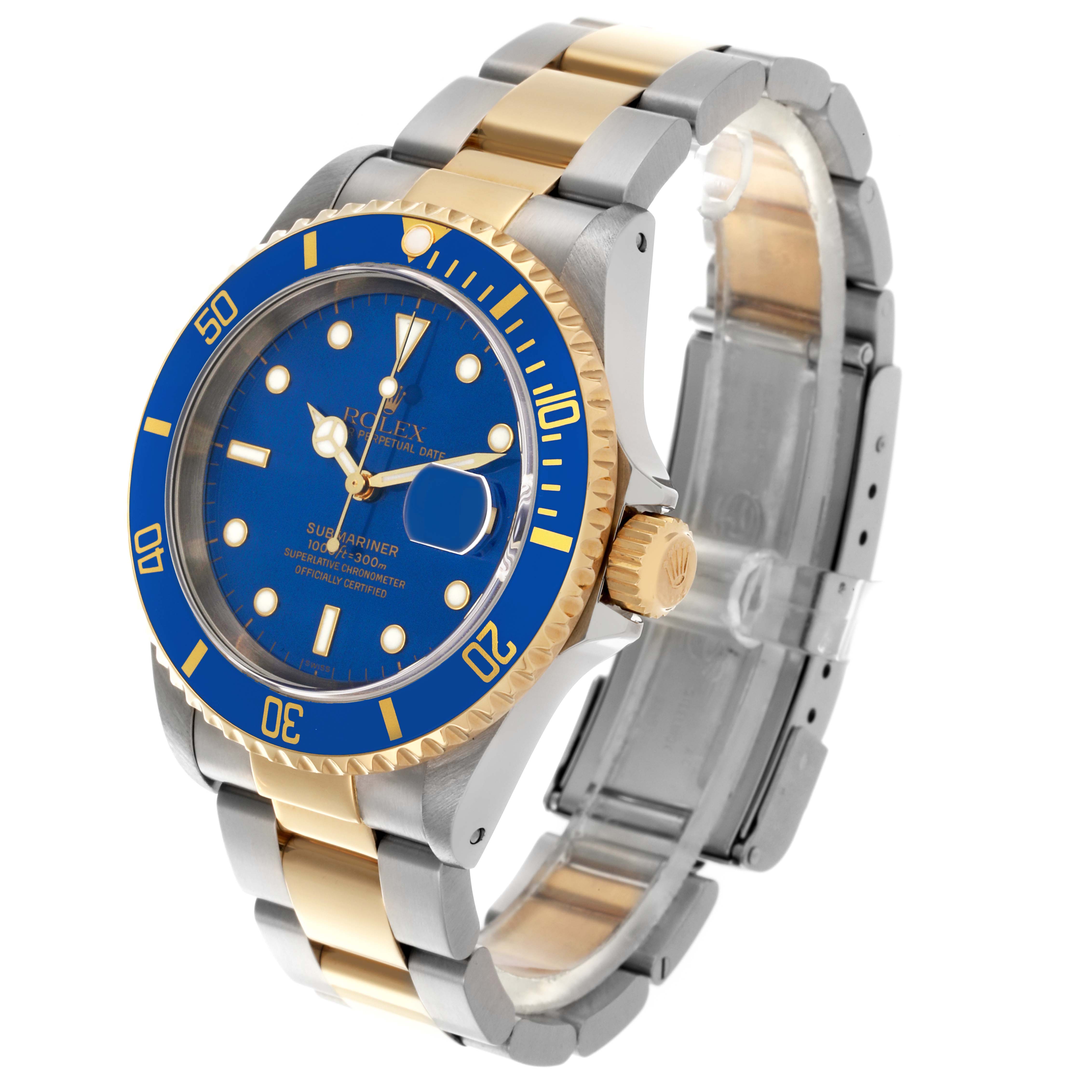 The Rolex Submariner 16613 Men's Steel and Gold (two tone) Blue Dial 16613 Men's Steel and Gold (two tone) Blue Dial watch is shown at an angle highlighting the face, bezel, crown, and two-tone bracelet.