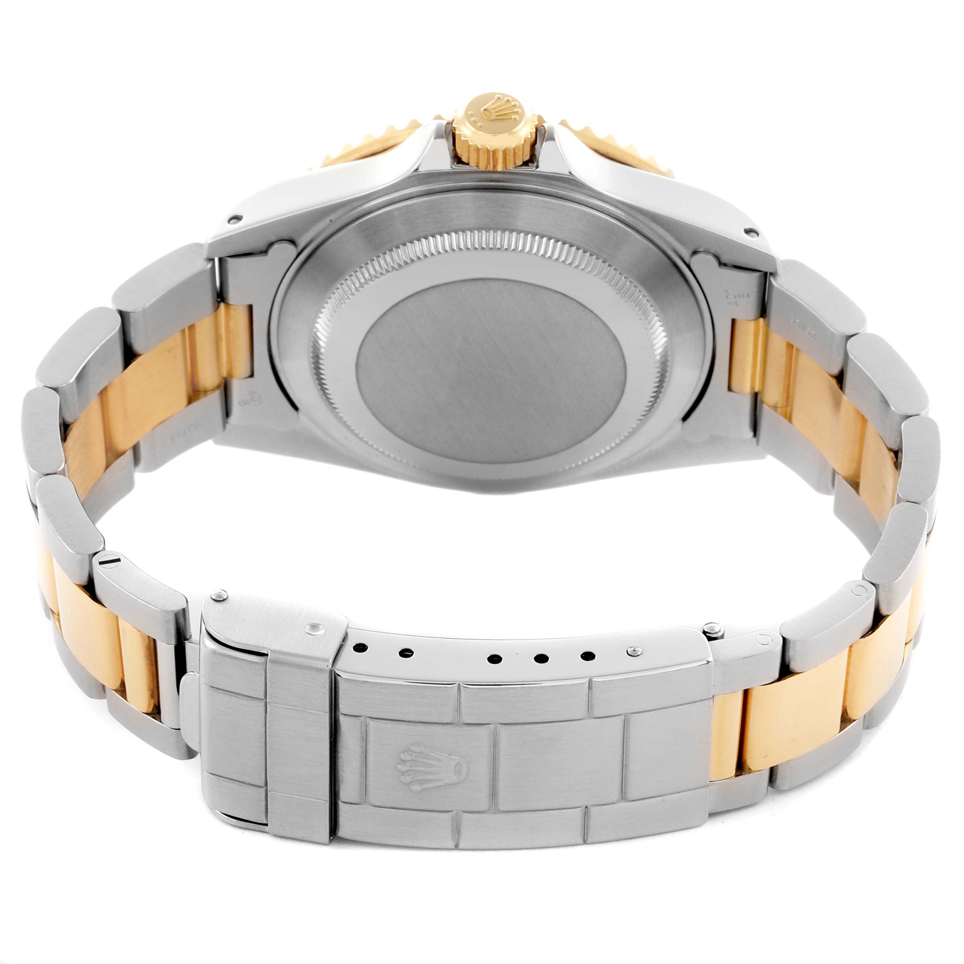 The image shows the back case, clasp, and bracelet of a Rolex Submariner 16613 Men's Steel and Gold (two tone) Blue Dial 16613 Men's Steel and Gold (two tone) Blue Dial watch from a rear angle.