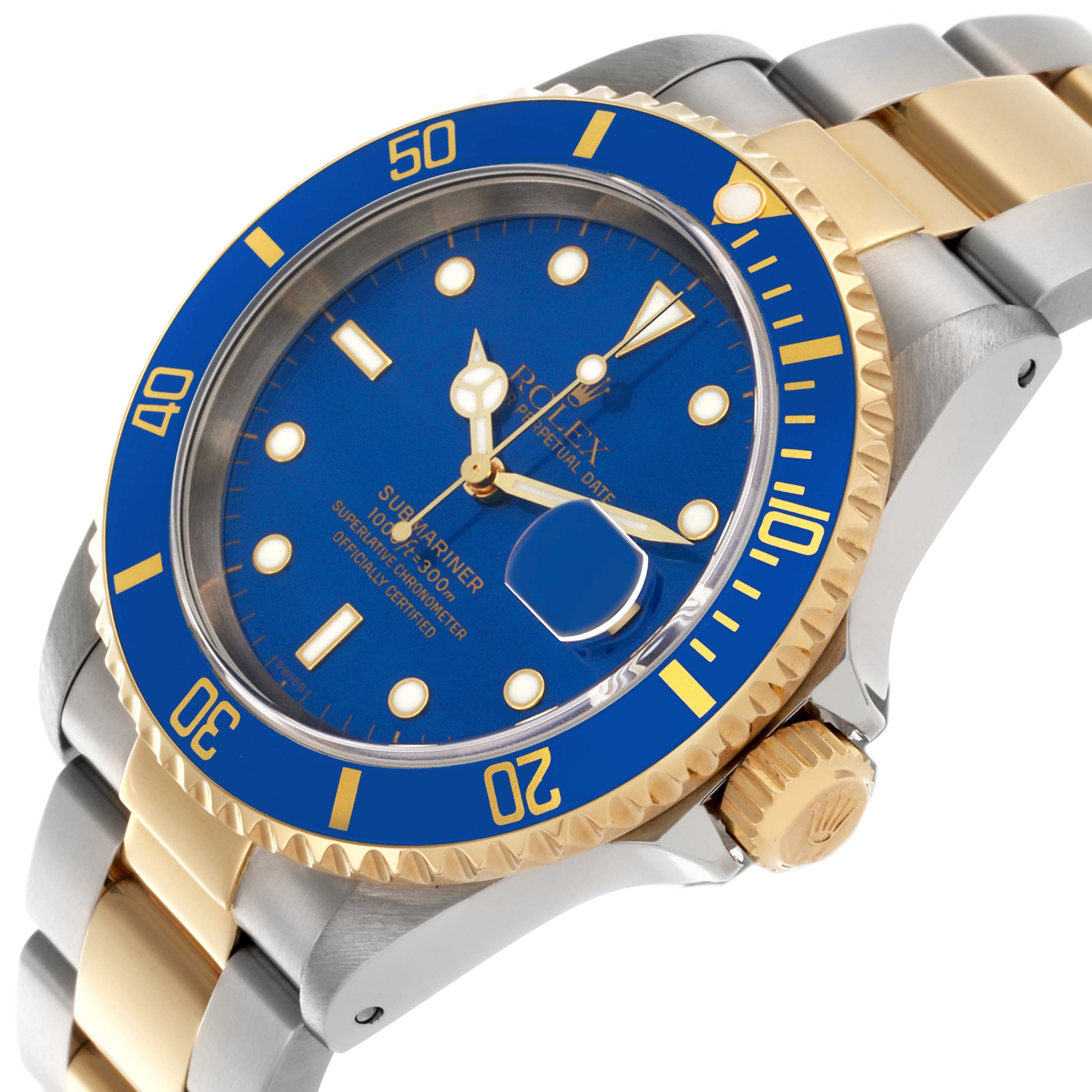 The Rolex Submariner 16613 Men's Steel and Gold (two tone) Blue Dial 16613 Men's Steel and Gold (two tone) Blue Dial is shown from an angled side view, highlighting the blue bezel, face, and two-tone bracelet.