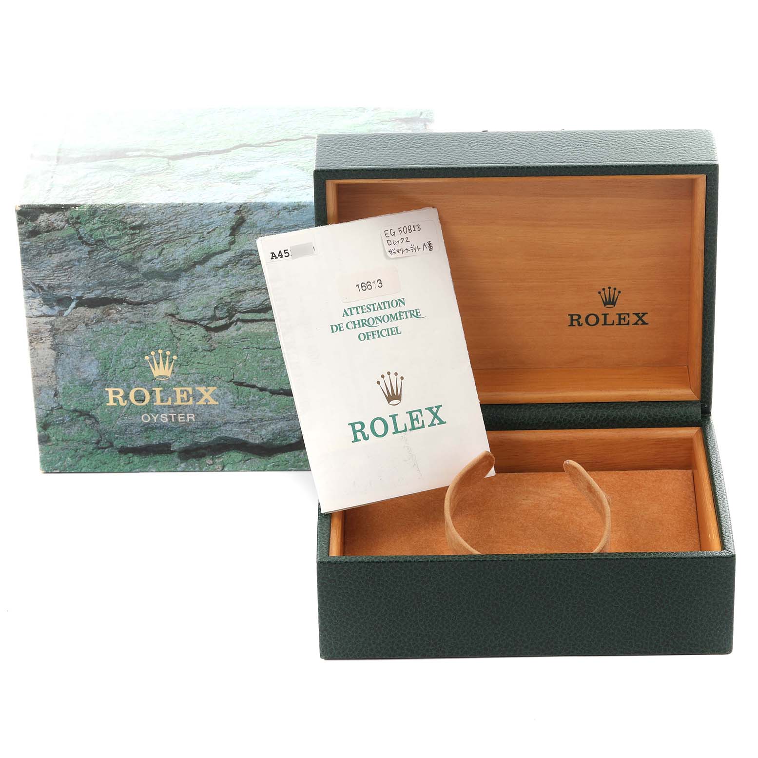 The image shows a Rolex Submariner 16613 Men's Steel and Gold (two tone) Blue Dial 16613 Men's Steel and Gold (two tone) Blue Dial watch box and certificate, viewed from the front.