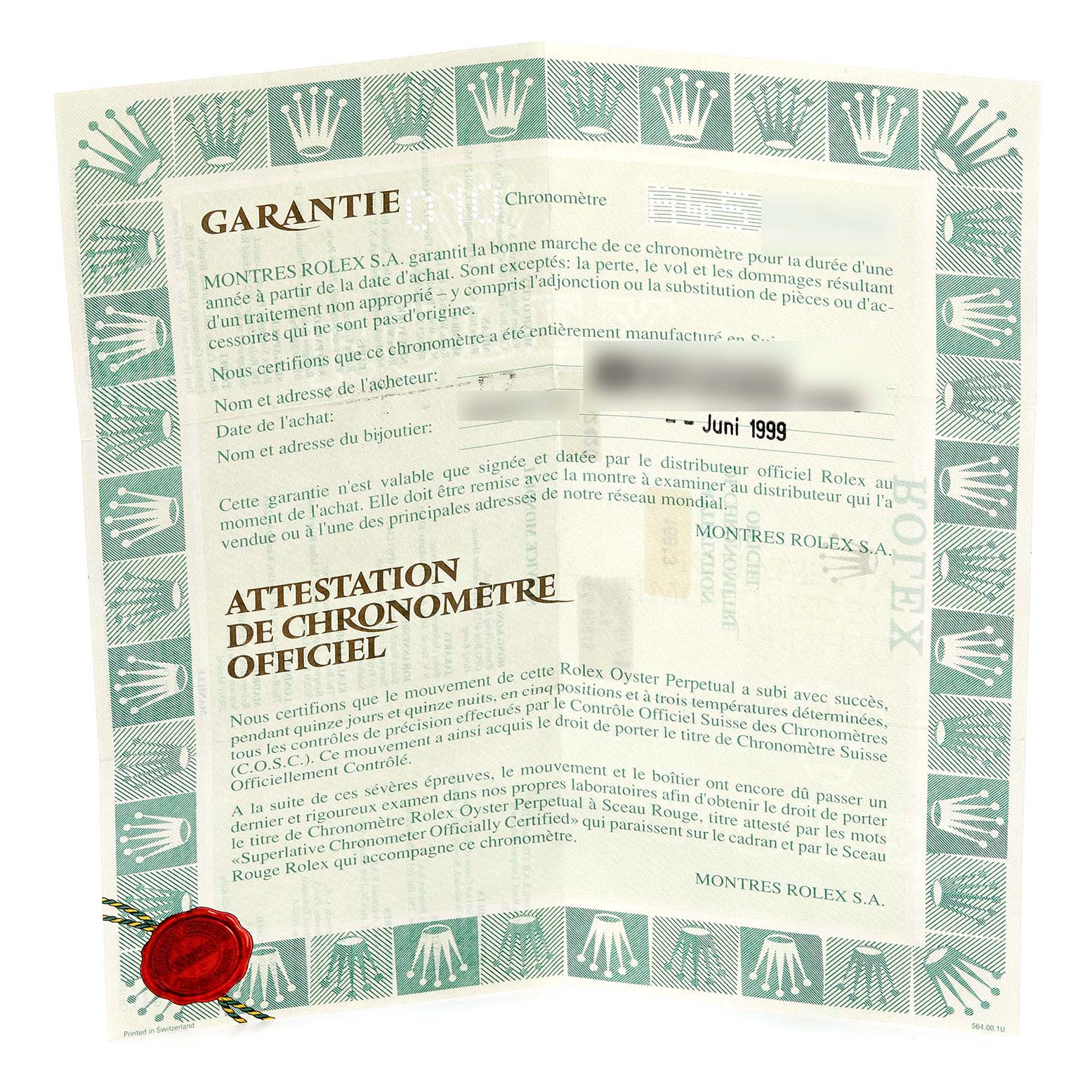 The image shows a warranty certificate for a Rolex Submariner 16613 Men's Steel and Gold (two tone) Blue Dial 16613 Men's Steel and Gold (two tone) Blue Dial watch.