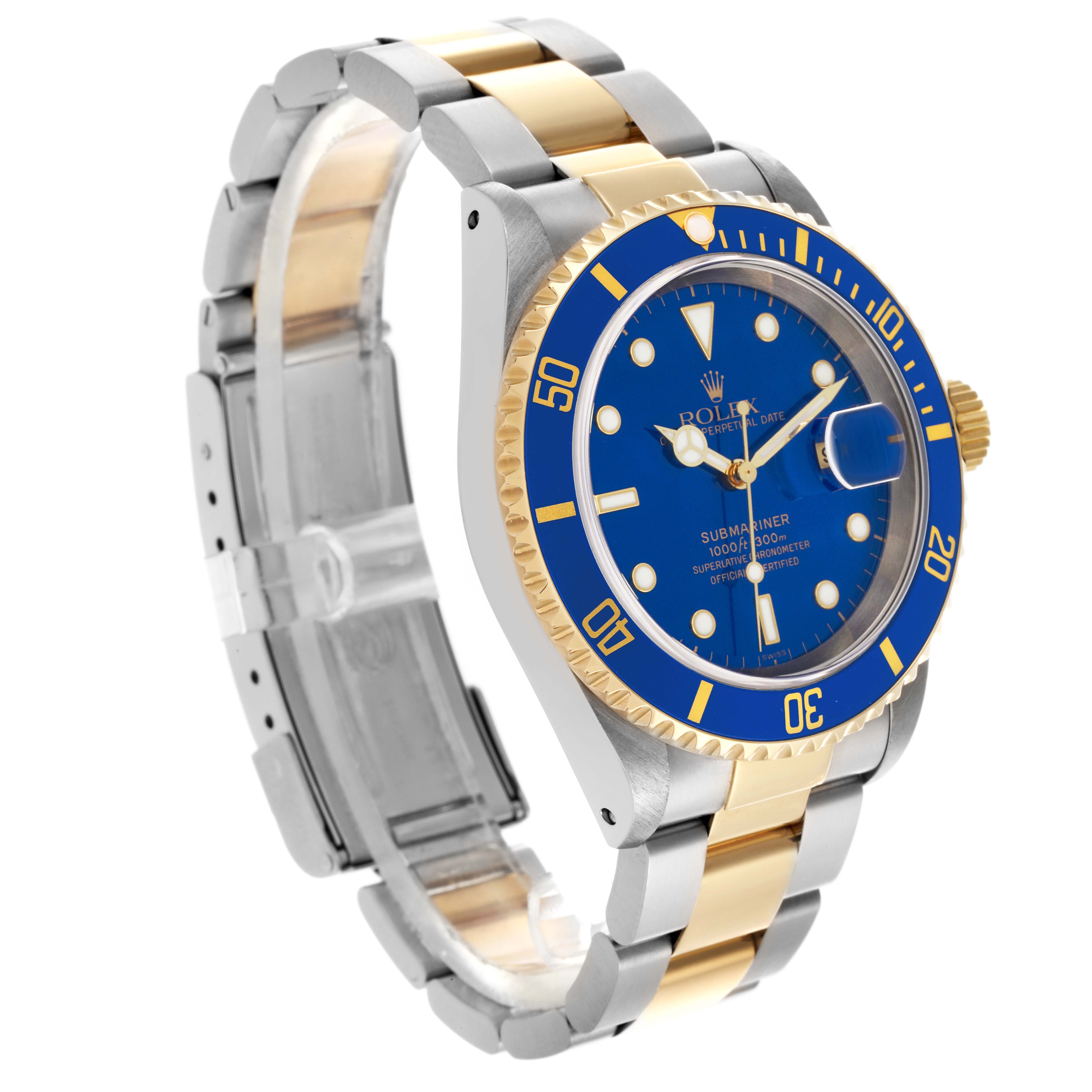The Rolex Submariner 16613 Men's Steel and Gold (two tone) Blue Dial 16613 Men's Steel and Gold (two tone) Blue Dial is shown at a side angle, highlighting the blue bezel, gold accents, and two-tone bracelet.