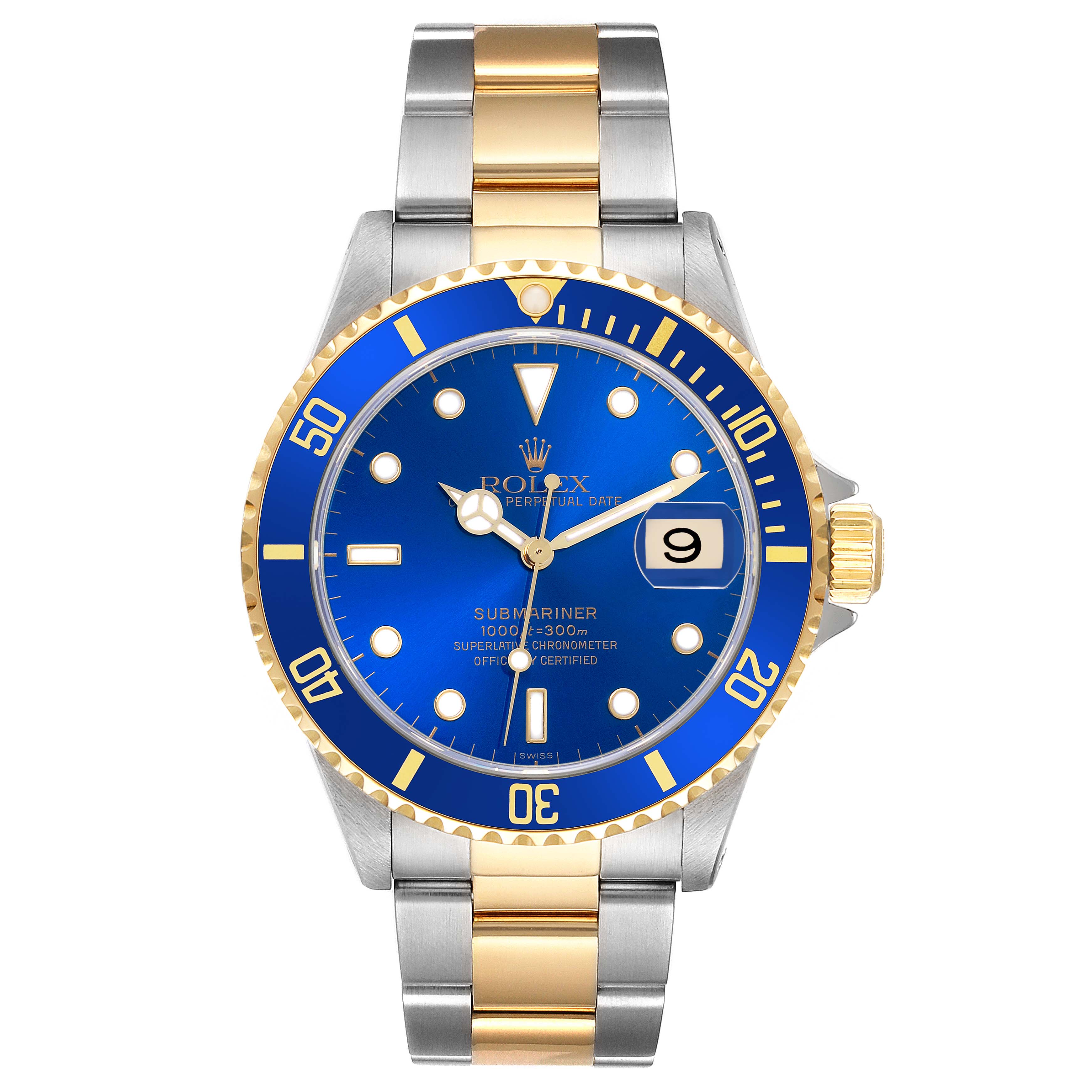 The Rolex Submariner 16613 Men's Steel and Gold (two tone) Blue Dial 16613 Men's Steel and Gold (two tone) Blue Dial is shown from the front, displaying the face, bezel, and part of the bracelet.