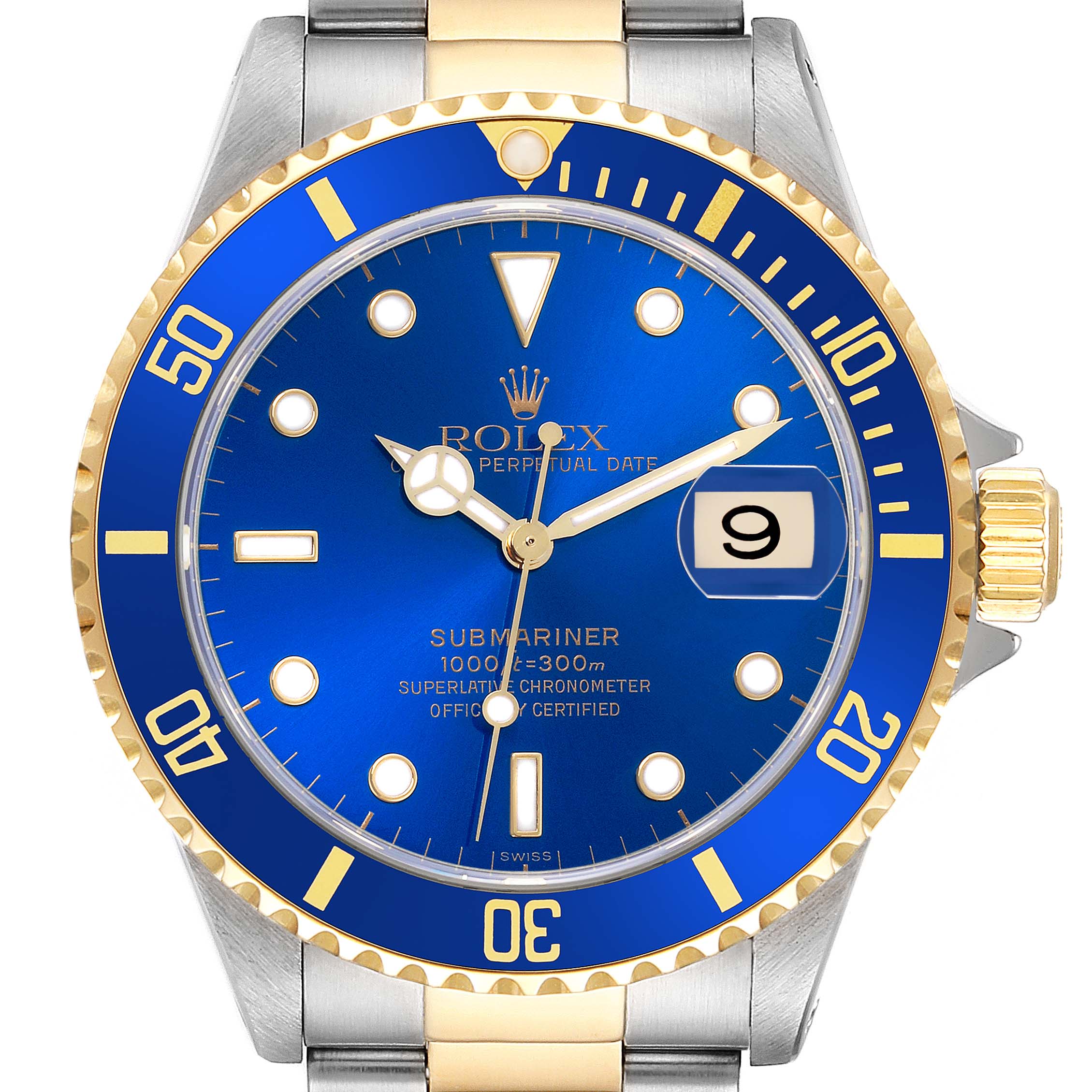The Rolex Submariner 16613 Men's Steel and Gold (two tone) Blue Dial 16613 Men's Steel and Gold (two tone) Blue Dial watch is shown from the front, highlighting the blue dial, bezel, and date feature.