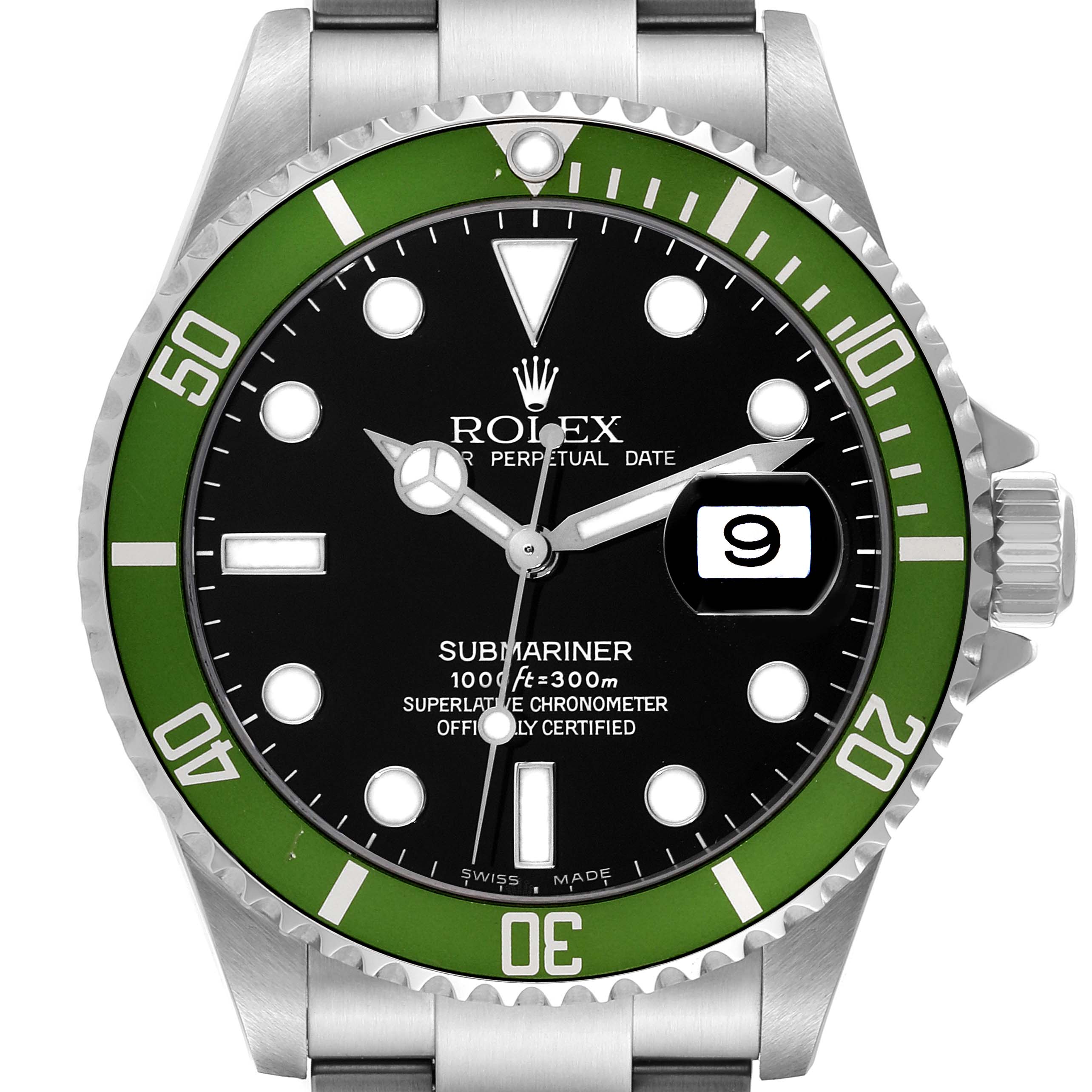 The image shows the Rolex Submariner 16610LV Men's Stainless Steel Black Dial watch face from a top-down angle, highlighting the green bezel and dial details.