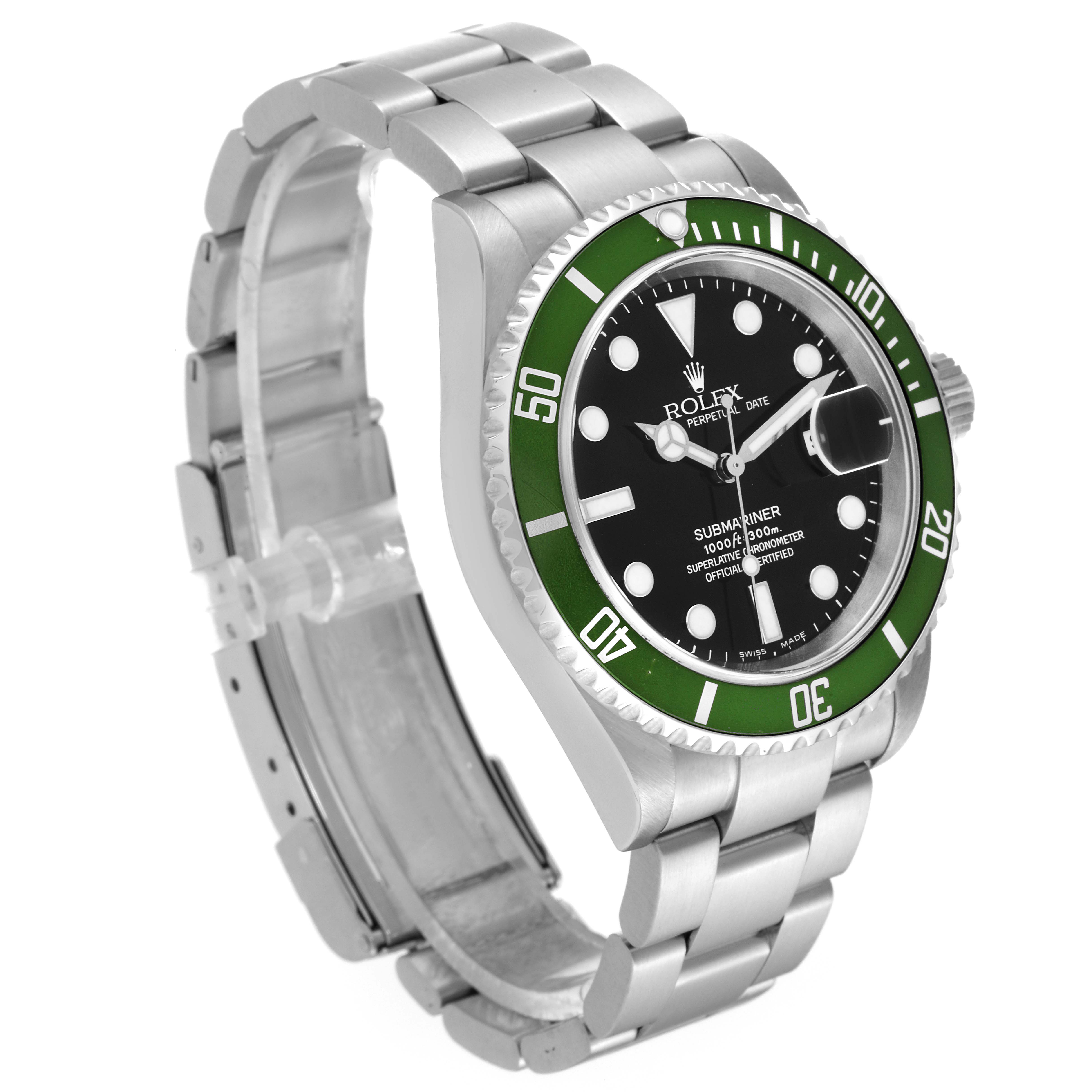 The Rolex Submariner 16610LV Men's Stainless Steel Black Dial watch is shown at a three-quarter angle, displaying its face, green bezel, and bracelet.