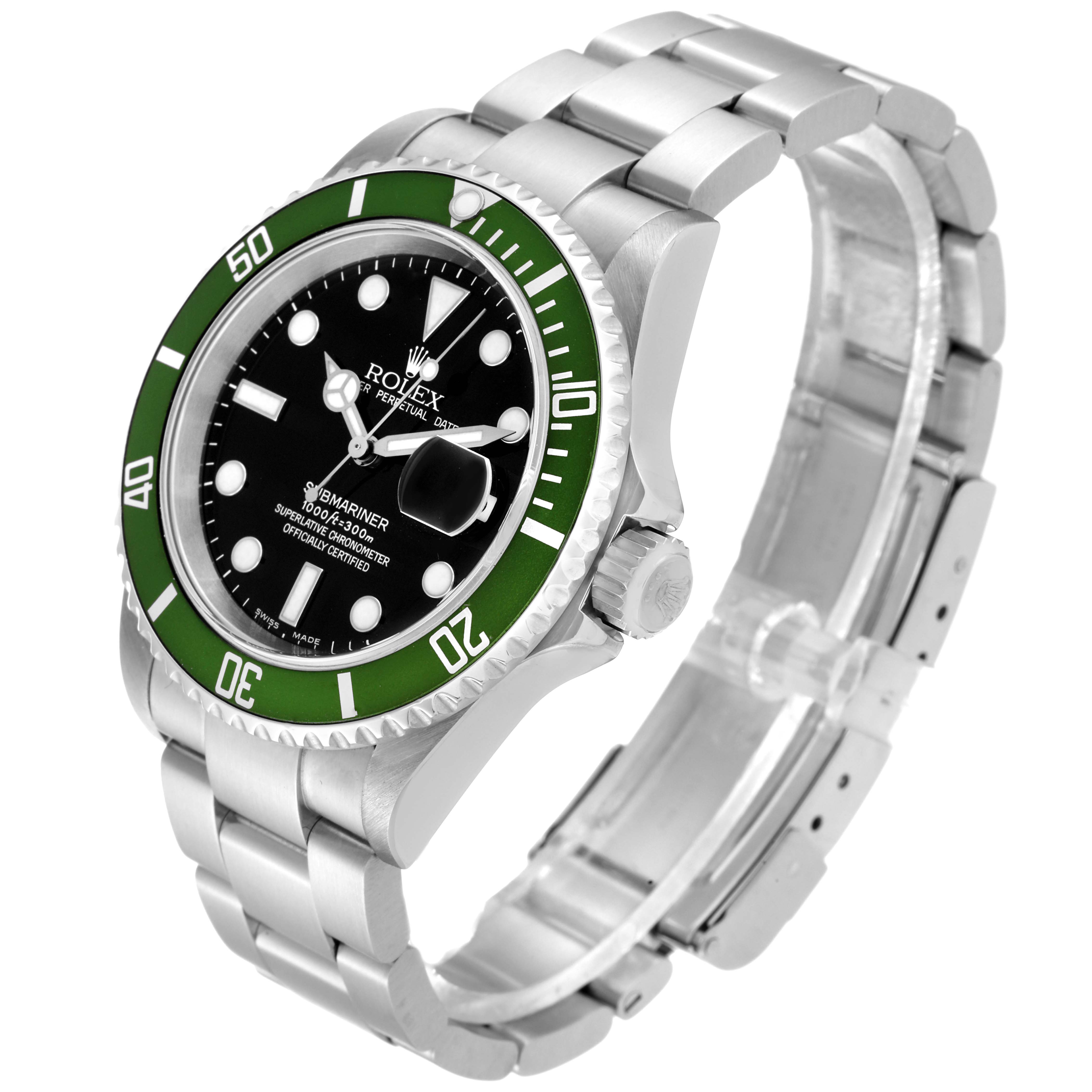 The Rolex Submariner 16610LV Men's Stainless Steel Black Dial watch is shown at a three-quarter angle, displaying the green bezel, black dial, and metal bracelet.