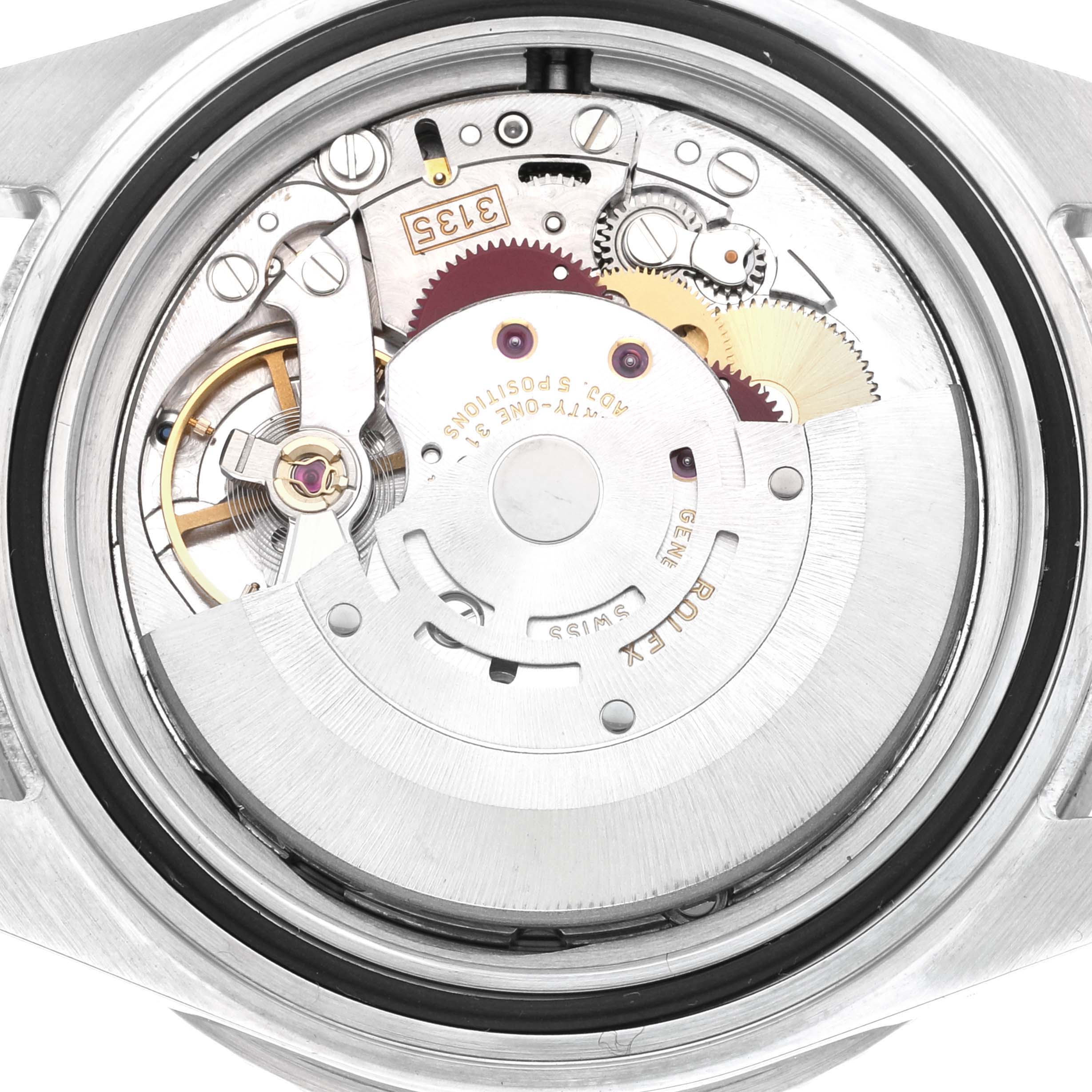 The image shows the back view of a Rolex Submariner 16610LV Men's Stainless Steel Black Dial, highlighting its internal movement mechanism.