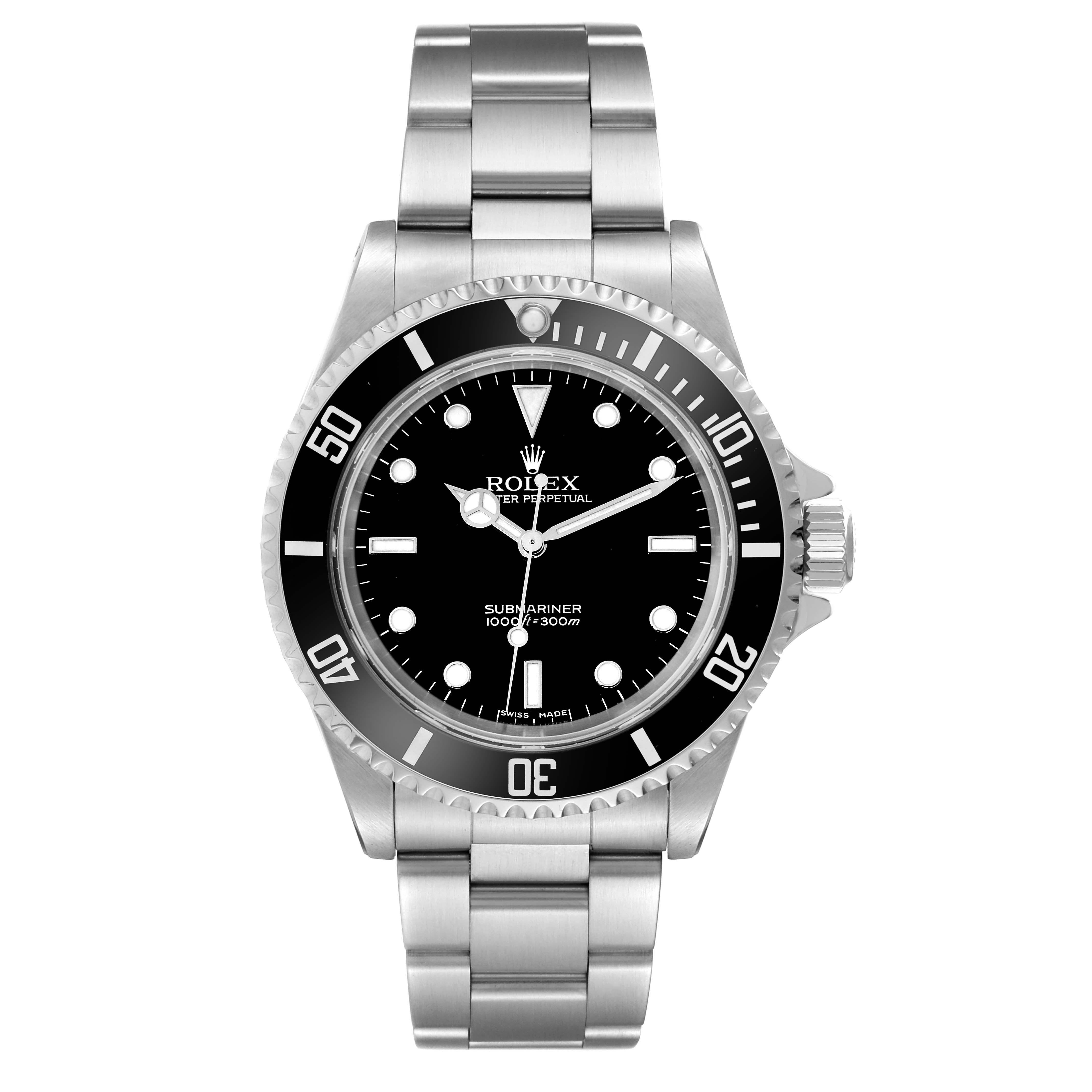 The image shows a front view of a Rolex Submariner 14060 Men
s Stainless Steel Black Dial 14060 Men
s Stainless Steel Black Dial watch with a black dial and stainless steel bracelet.