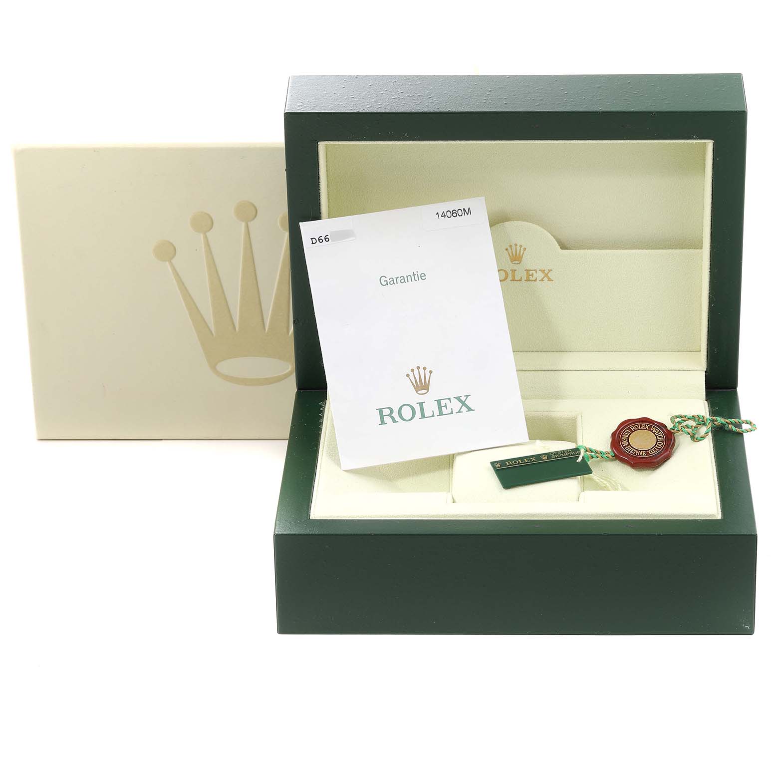 This image shows the packaging, warranty card, and tags for a Rolex Submariner 14060 Men
s Stainless Steel Black Dial 14060 Men
s Stainless Steel Black Dial watch.