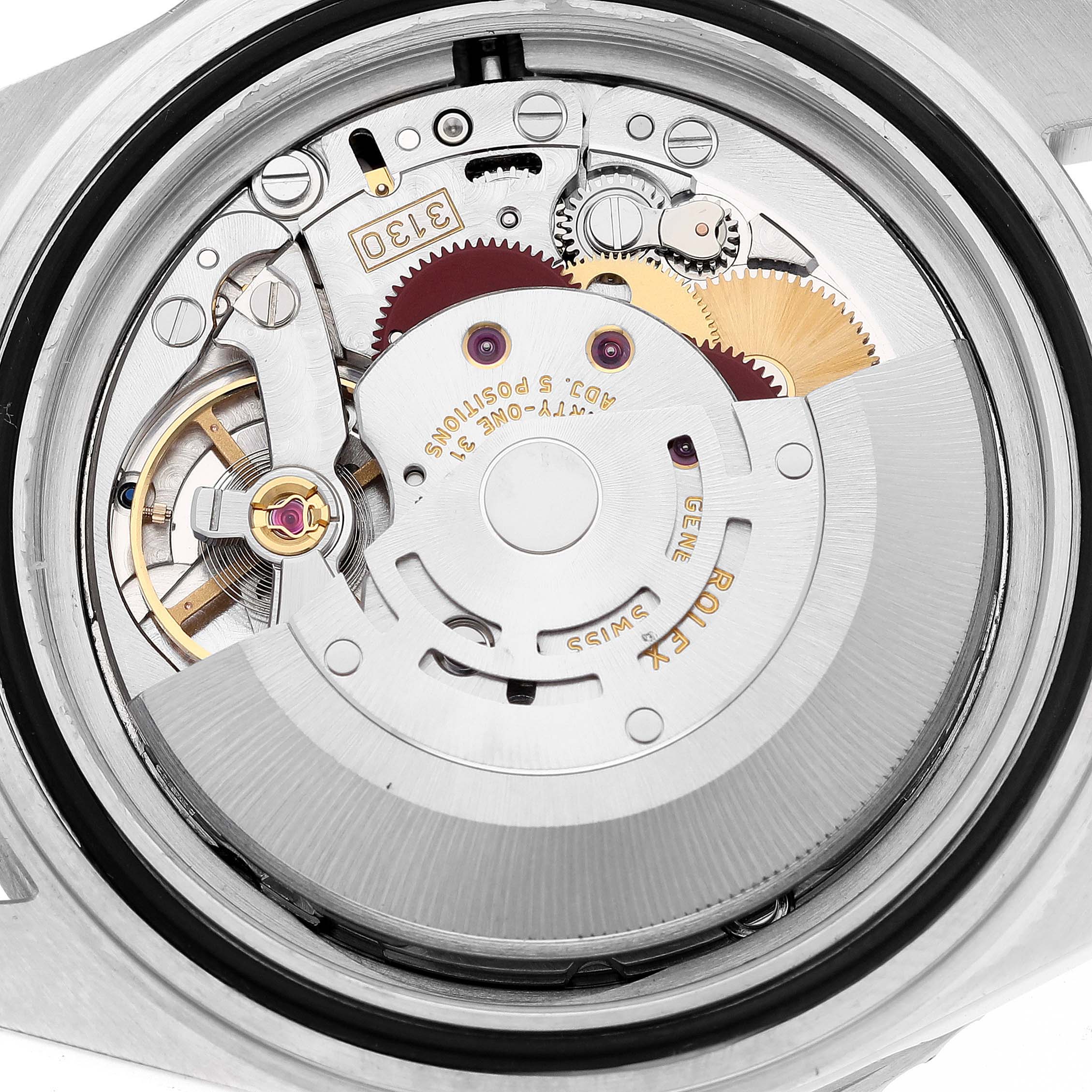 This close-up image shows the inner mechanical movement of a Rolex Submariner 14060 Men
s Stainless Steel Black Dial 14060 Men
s Stainless Steel Black Dial watch.