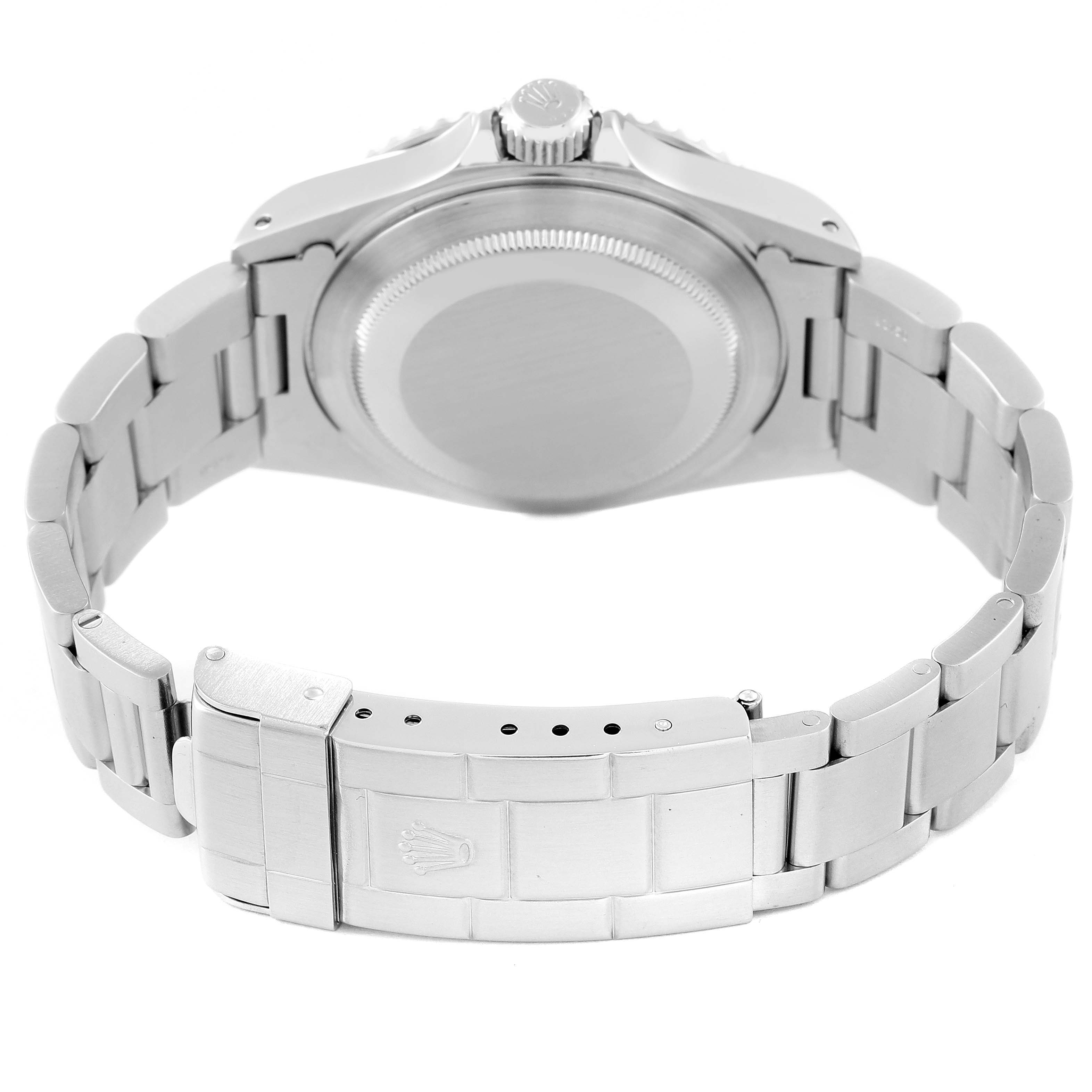 The image shows the back, clasp, and bracelet of a Rolex Submariner 14060 Men
s Stainless Steel Black Dial 14060 Men
s Stainless Steel Black Dial watch from a rear angle.