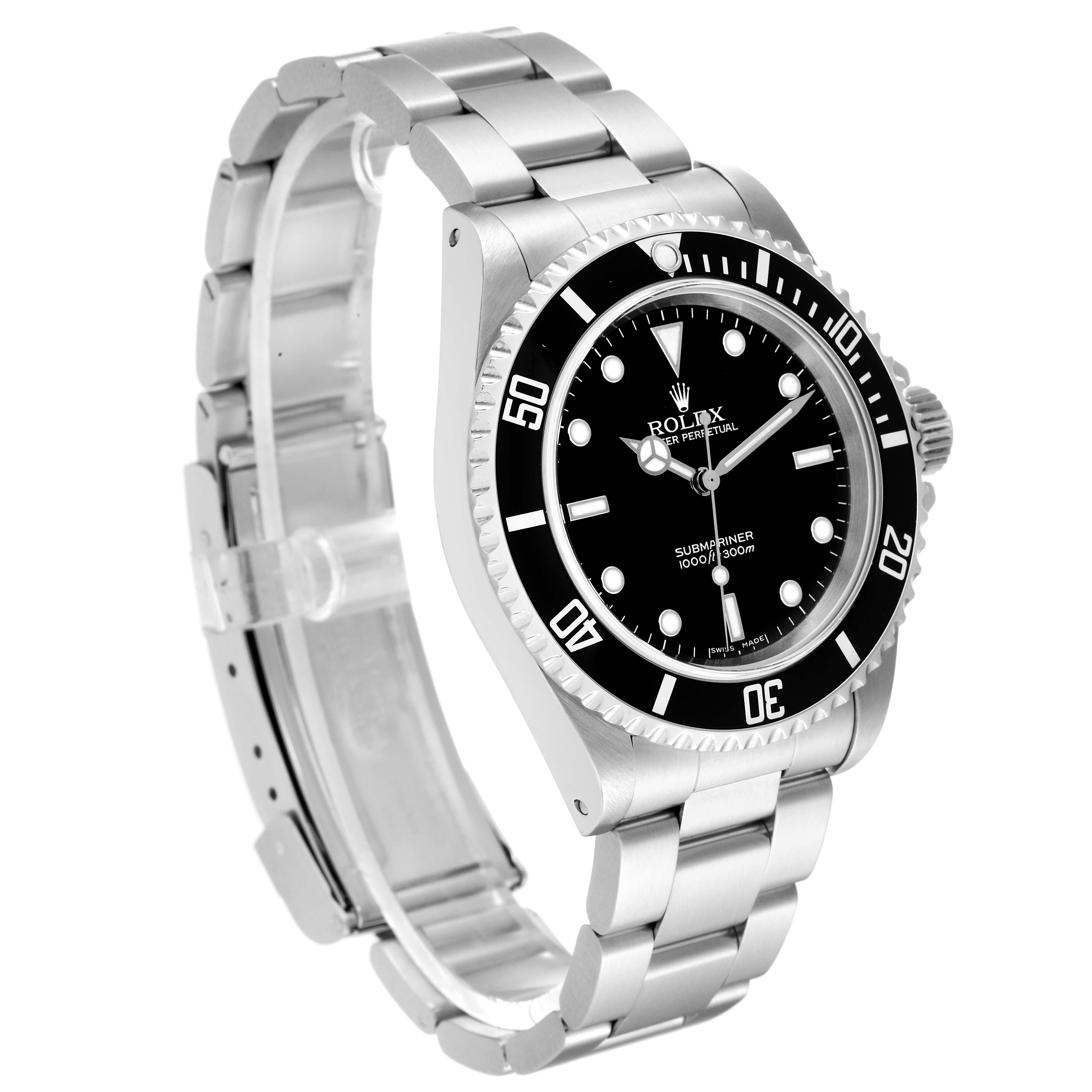 The image shows a Rolex Submariner 14060 Men
s Stainless Steel Black Dial 14060 Men
s Stainless Steel Black Dial watch from a front-right angle, highlighting the dial, bezel, crown, and bracelet.