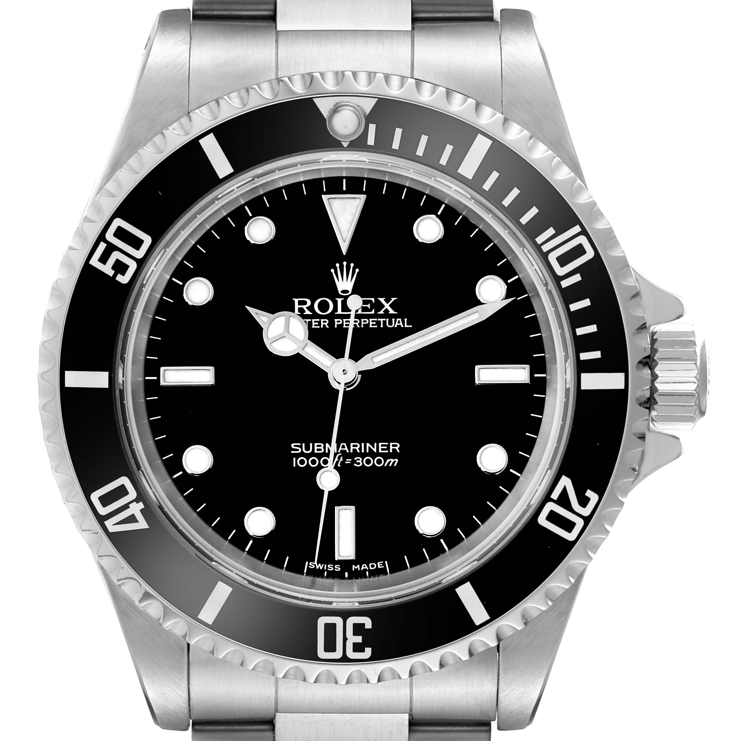 The image shows a front view of a Rolex Submariner 14060 Men
s Stainless Steel Black Dial 14060 Men
s Stainless Steel Black Dial watch, displaying the black dial, rotating bezel, and stainless steel bracelet.