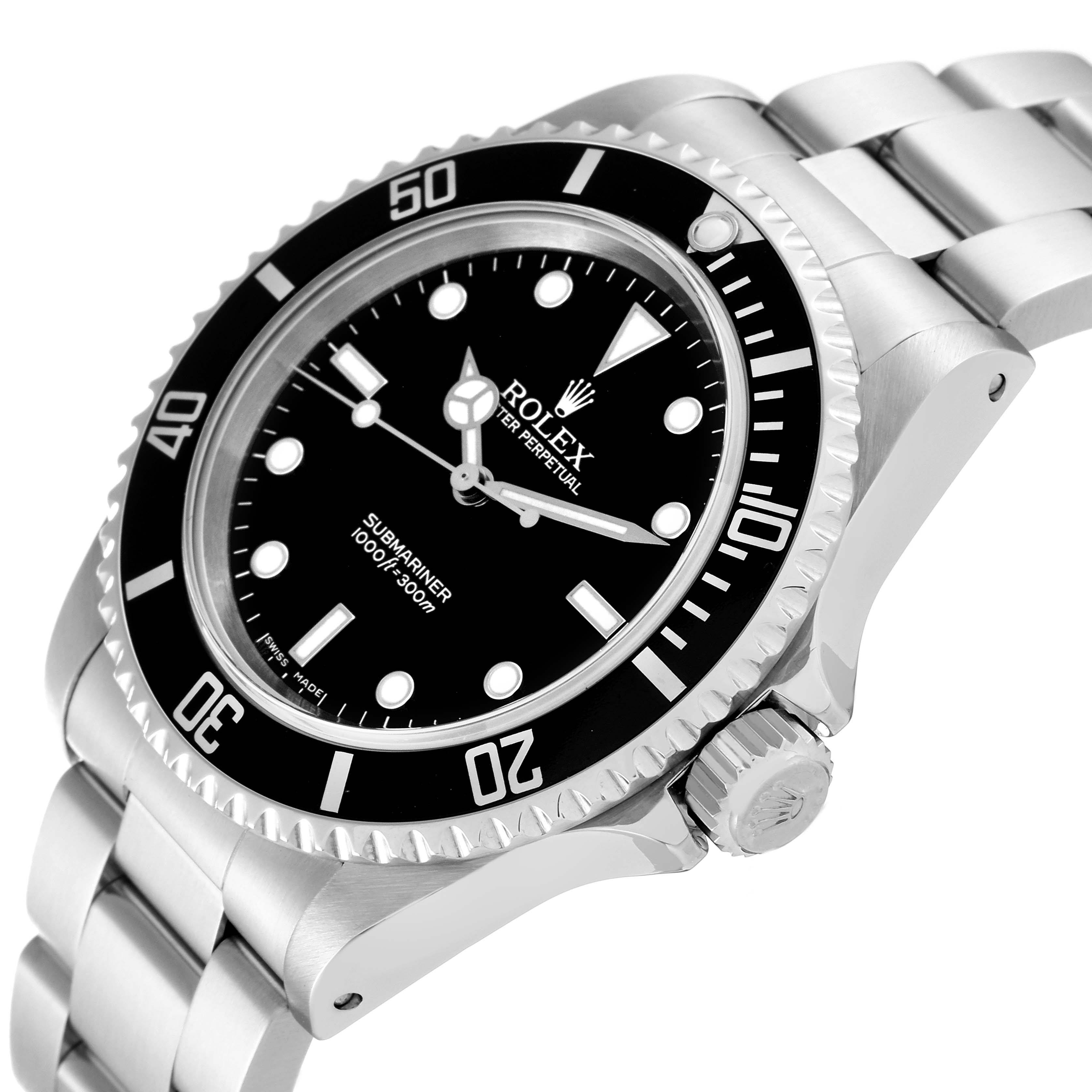 This image shows a Rolex Submariner 14060 Men
s Stainless Steel Black Dial 14060 Men
s Stainless Steel Black Dial watch at an angled view, highlighting the bezel, dial, crown, and bracelet.