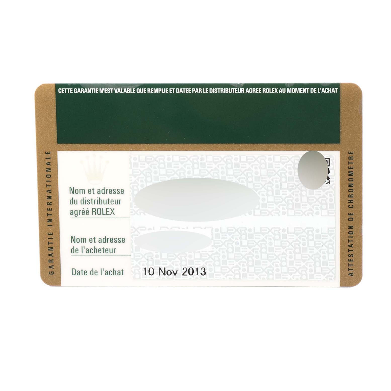 The image shows the warranty card for a Rolex Submariner 116613LN Men
s Steel and Gold (two tone) Blue Dial 116613LN Men
s Steel and Gold (two tone) Blue Dial, not any watch parts.