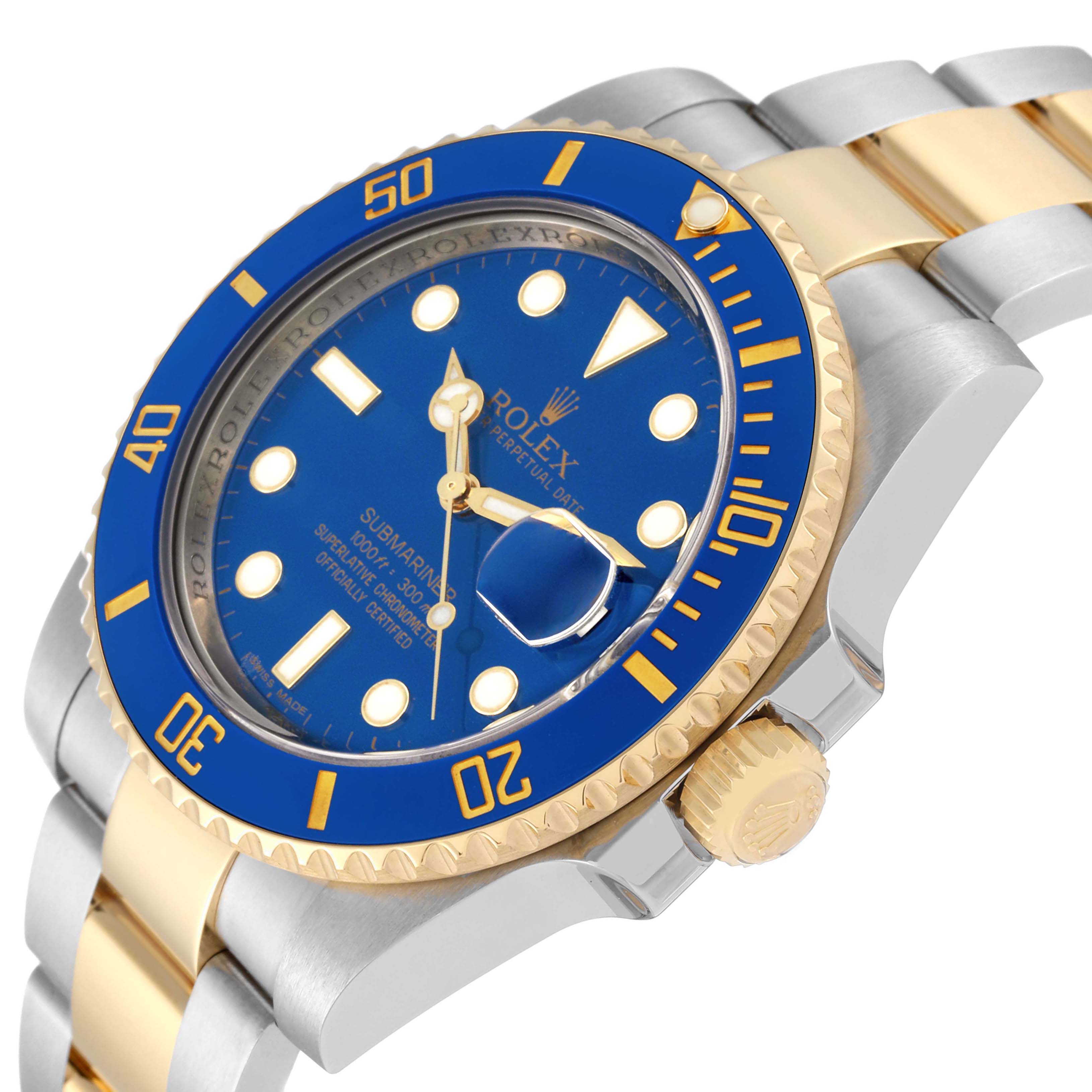 The Rolex Submariner 116613LN Men
s Steel and Gold (two tone) Blue Dial 116613LN Men
s Steel and Gold (two tone) Blue Dial is shown at an angle highlighting the bezel, crown, and part of the bracelet.