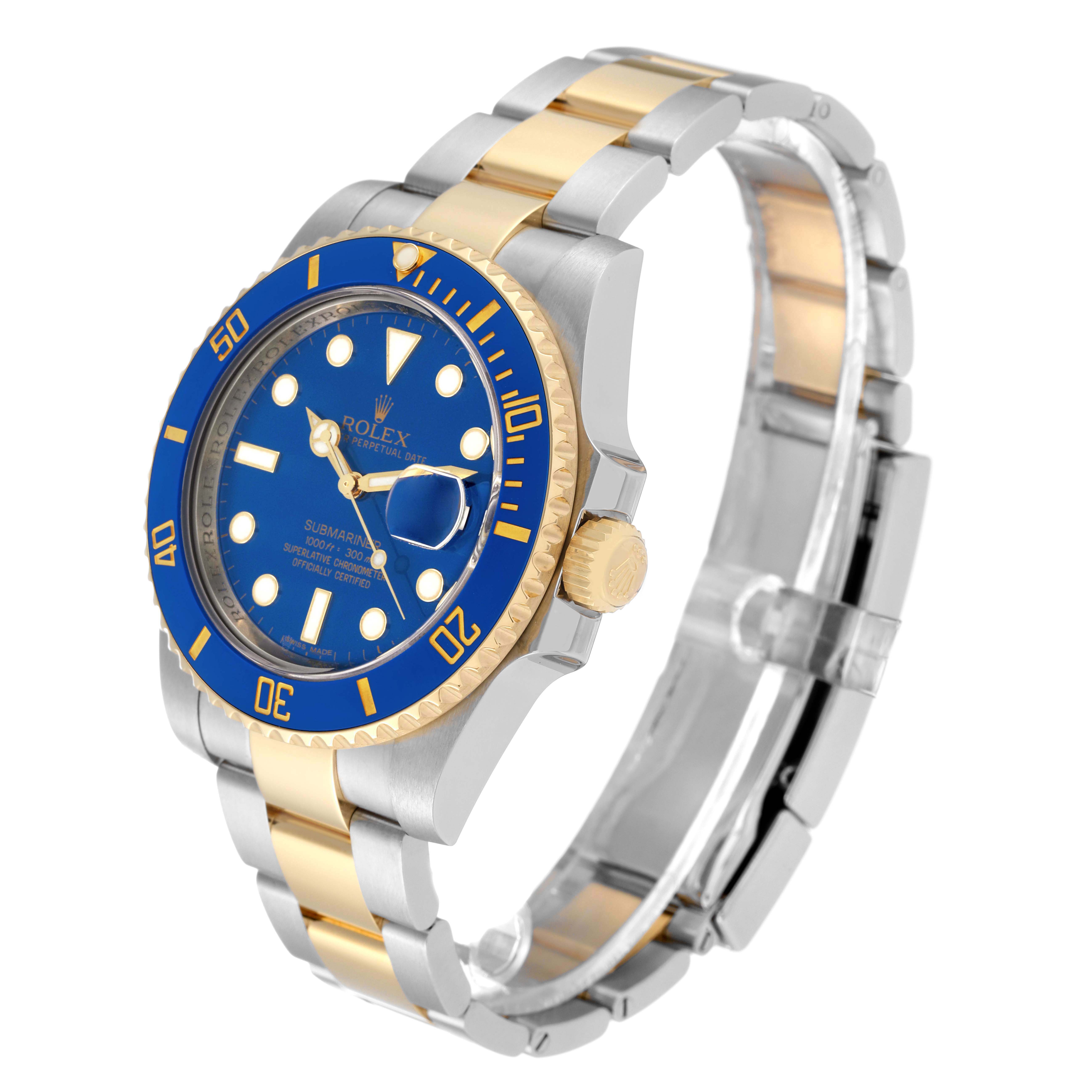 The Rolex Submariner 116613LN Men
s Steel and Gold (two tone) Blue Dial 116613LN Men
s Steel and Gold (two tone) Blue Dial is shown at an angled side view, highlighting its blue dial, gold bezel, and two-tone bracelet.