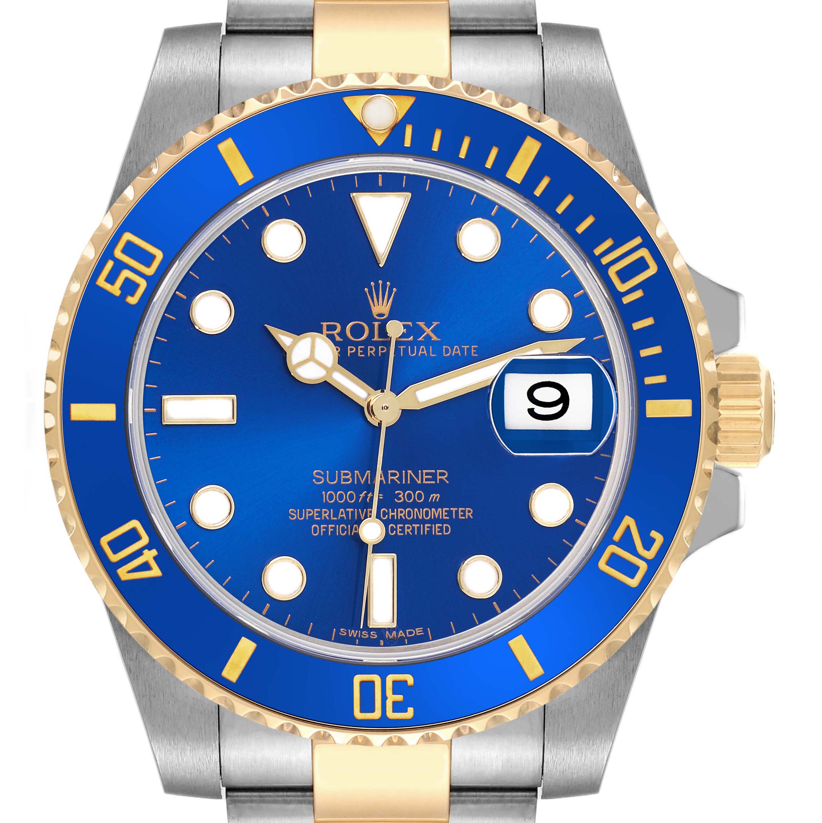 The watch is shown from a front angle highlighting the Rolex Submariner 116613LN Men
s Steel and Gold (two tone) Blue Dial 116613LN Men
s Steel and Gold (two tone) Blue Dial
s blue dial, bezel, bracelet, and date window.