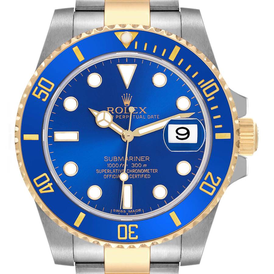 The watch is shown from a front angle highlighting the Rolex Submariner's blue dial, bezel, bracelet, and date window.