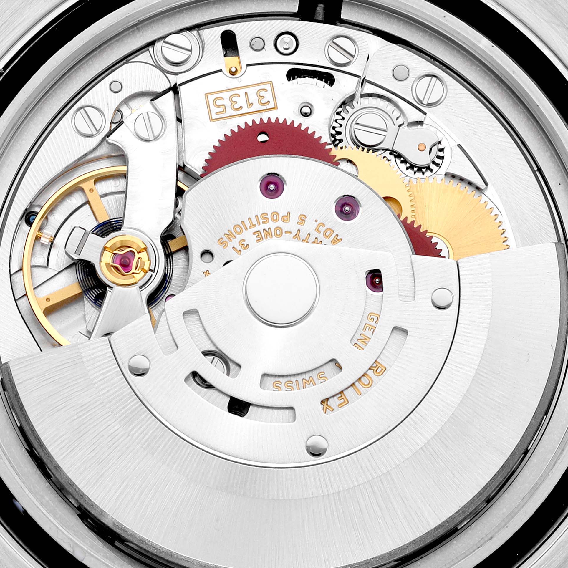 The image shows the intricate internal movement mechanism of a Rolex Submariner 116613LN Men
s Steel and Gold (two tone) Blue Dial 116613LN Men
s Steel and Gold (two tone) Blue Dial watch.