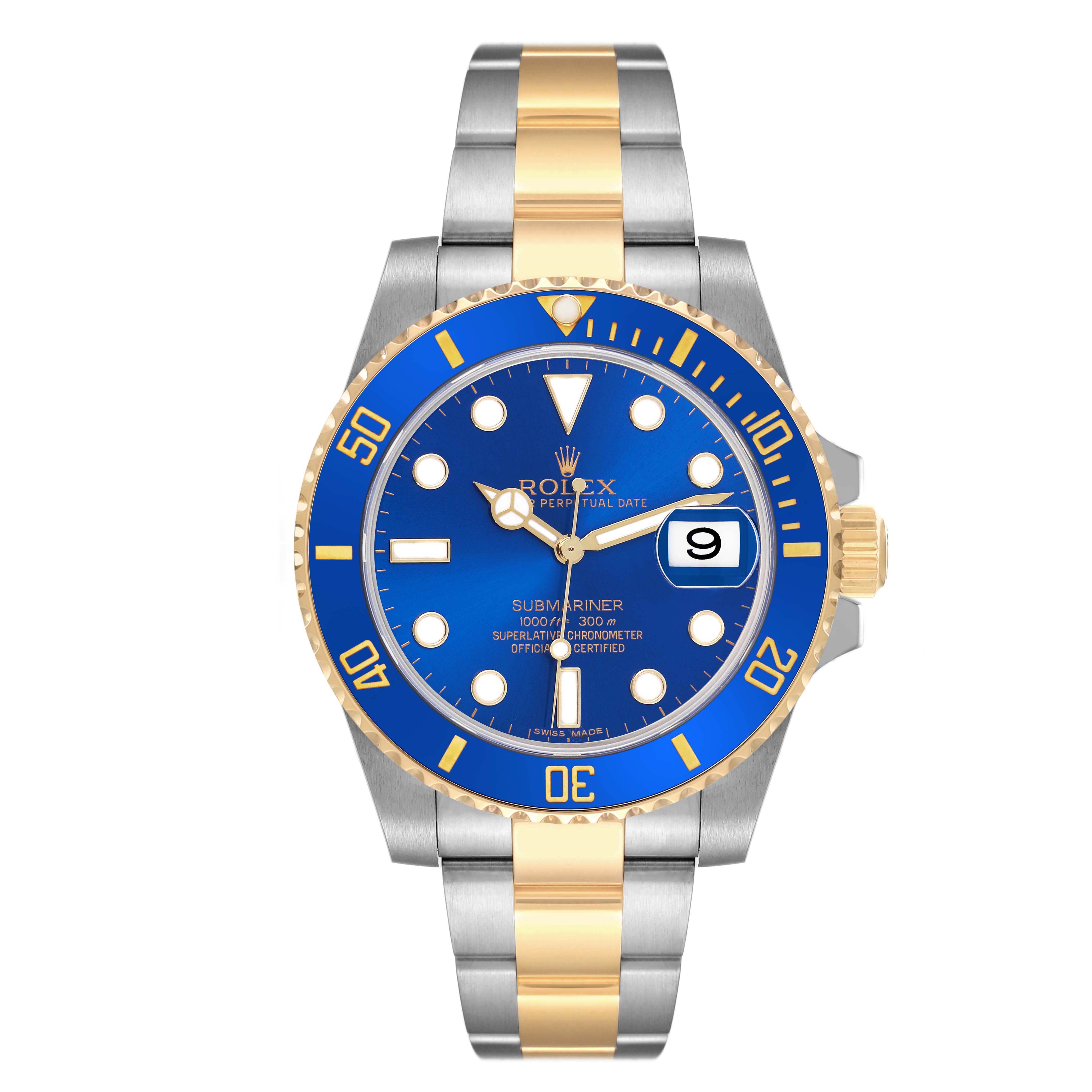 The Rolex Submariner 116613LN Men
s Steel and Gold (two tone) Blue Dial 116613LN Men
s Steel and Gold (two tone) Blue Dial watch is shown from a front angle, highlighting its dial, bezel, and two-tone bracelet.