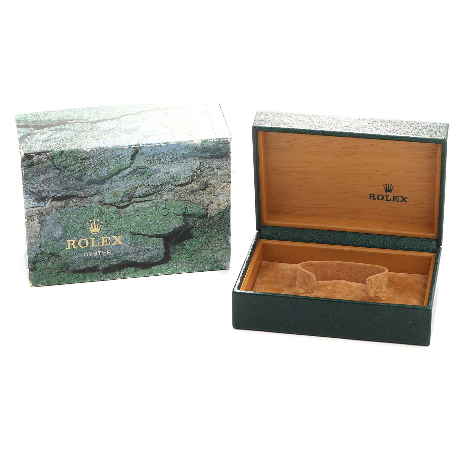 The image shows a Submariner model Rolex watch box and outer packaging, with the box open and no watch inside.