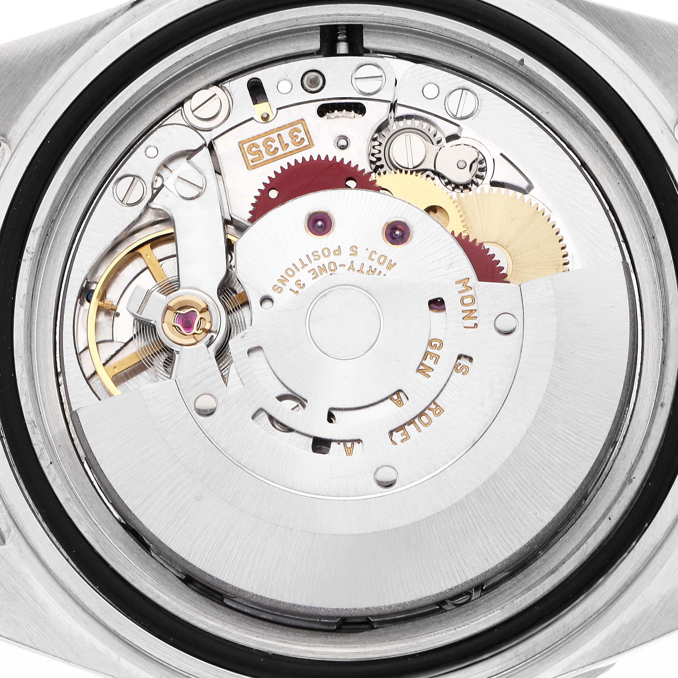 The image shows a close-up view of the Rolex Submariner 16613 Men's Steel and Gold (two tone) Silver Dial's movement, highlighting gears and components inside.