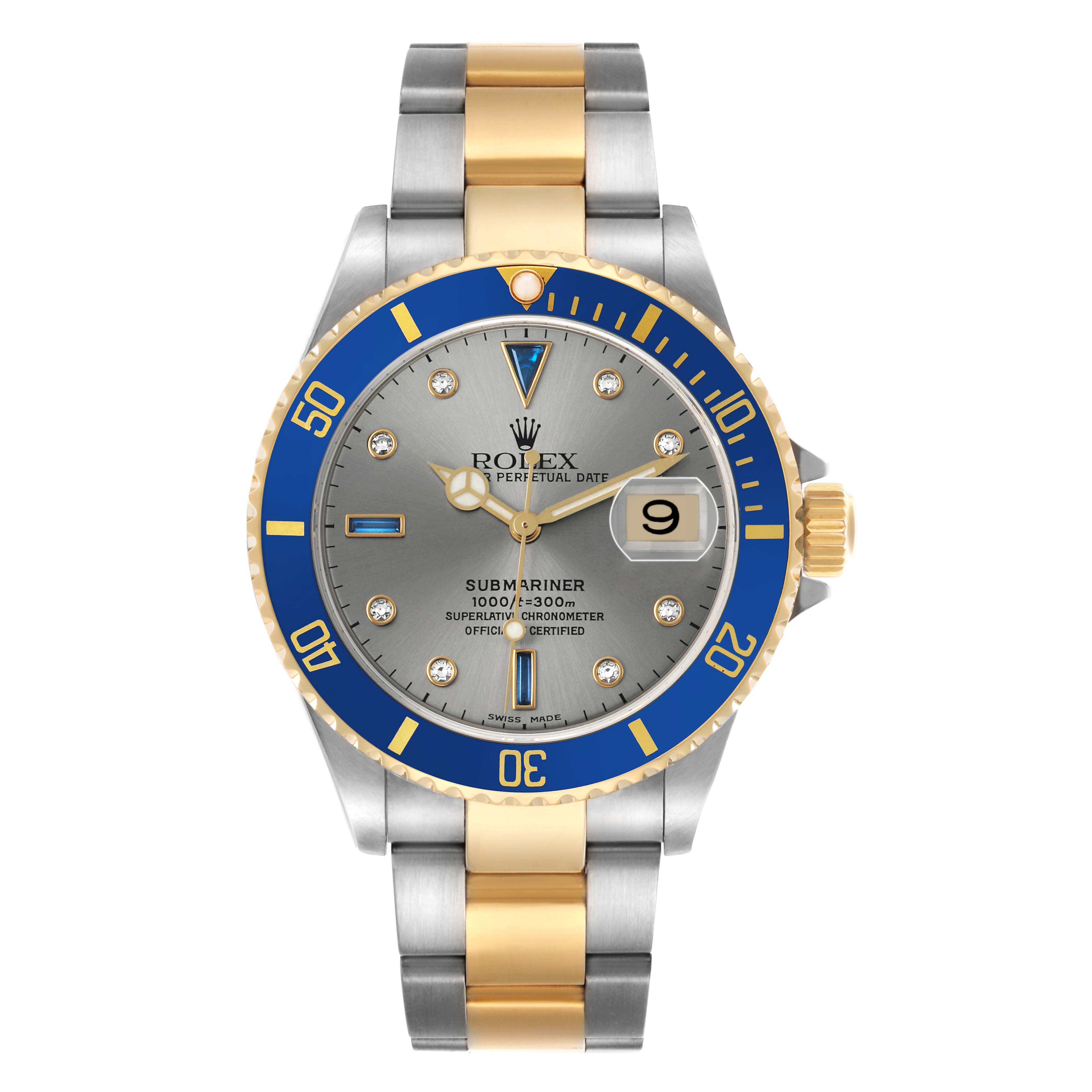 The Rolex Submariner 16613 Men's Steel and Gold (two tone) Silver Dial watch is shown from a front angle, highlighting its face, bezel, and two-tone bracelet.