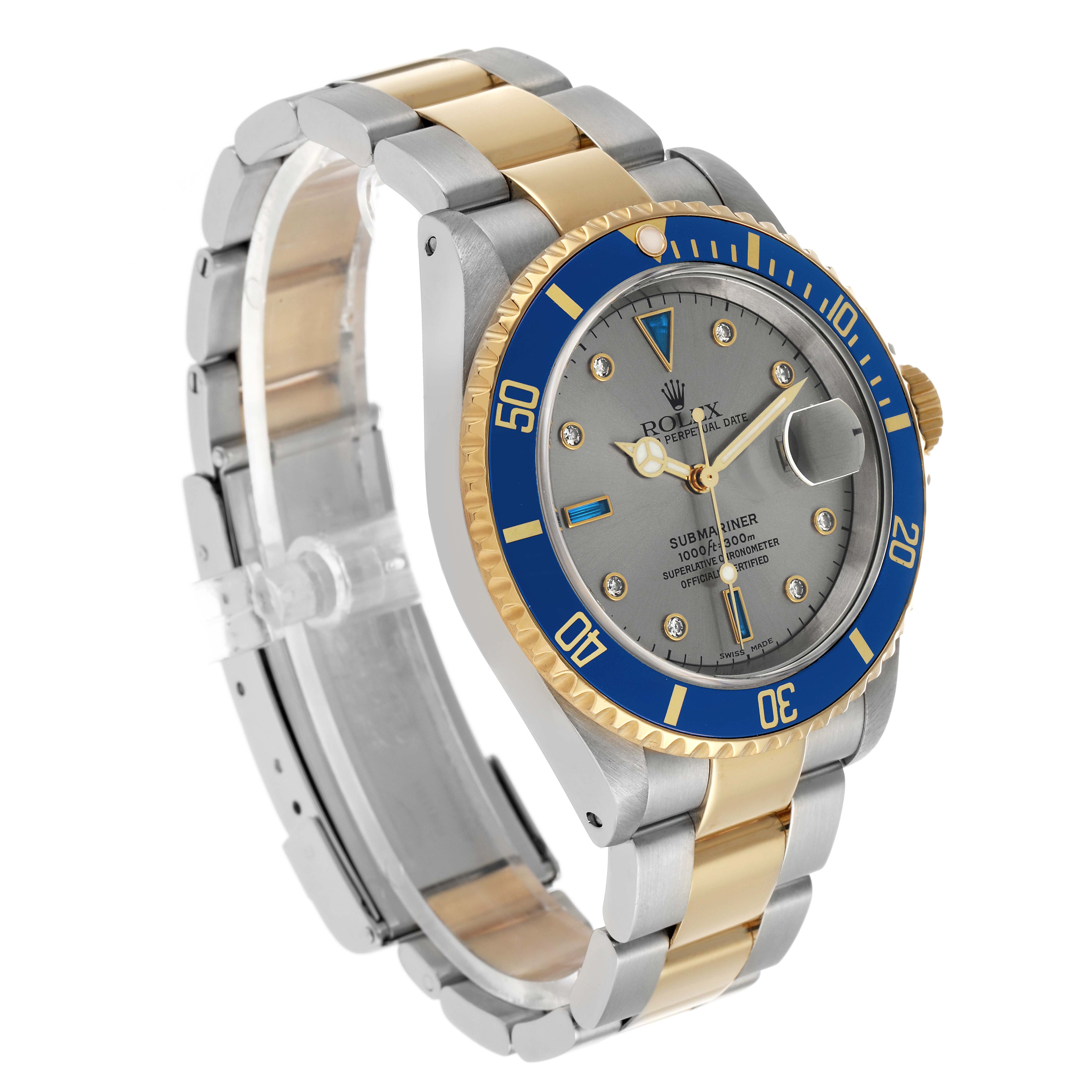 The Rolex Submariner 16613 Men's Steel and Gold (two tone) Silver Dial watch is shown at a three-quarter angle, highlighting the bracelet, bezel, and face.