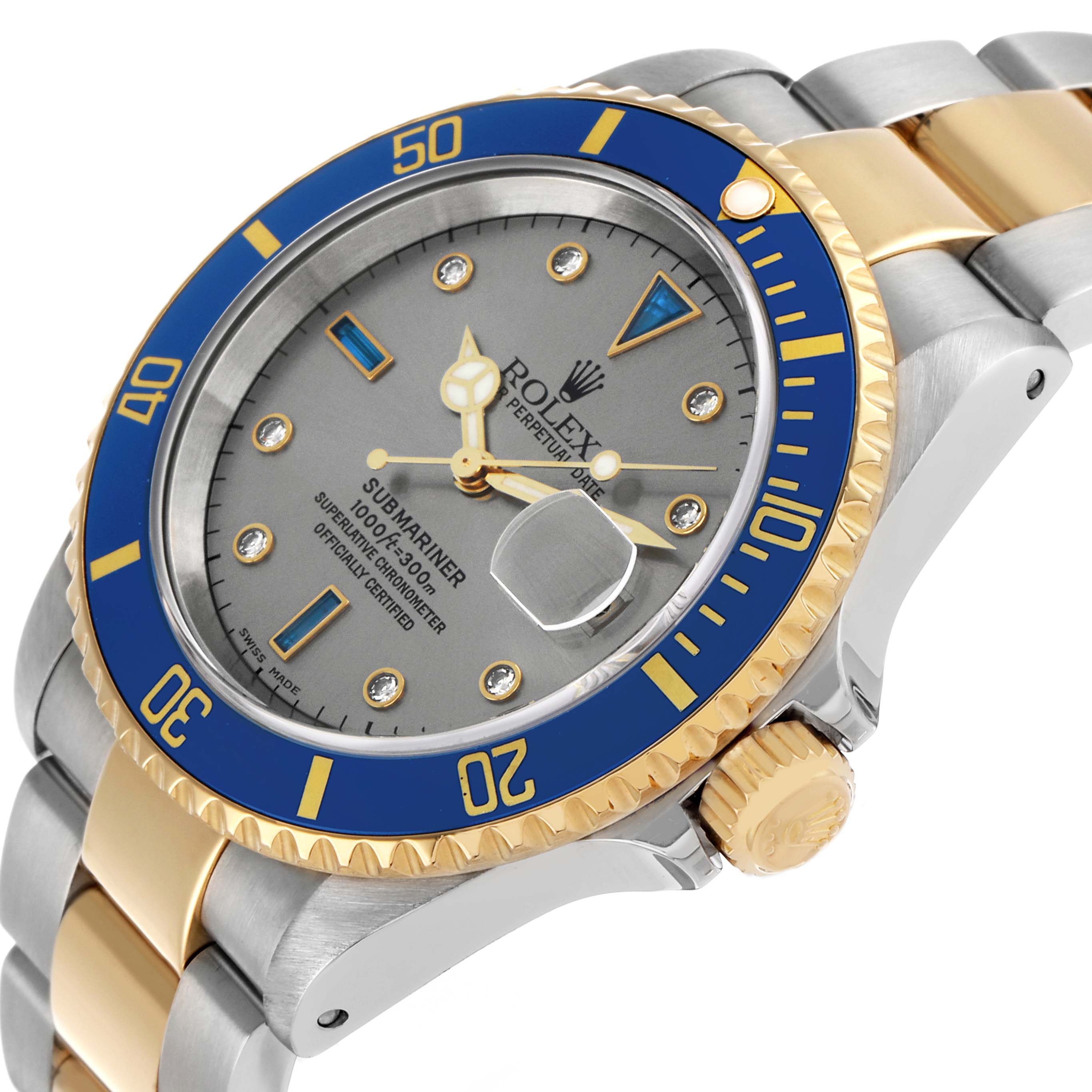 The Rolex Submariner 16613 Men's Steel and Gold (two tone) Silver Dial watch is shown at an angle, highlighting the blue and gold bezel, crown, and dial details.