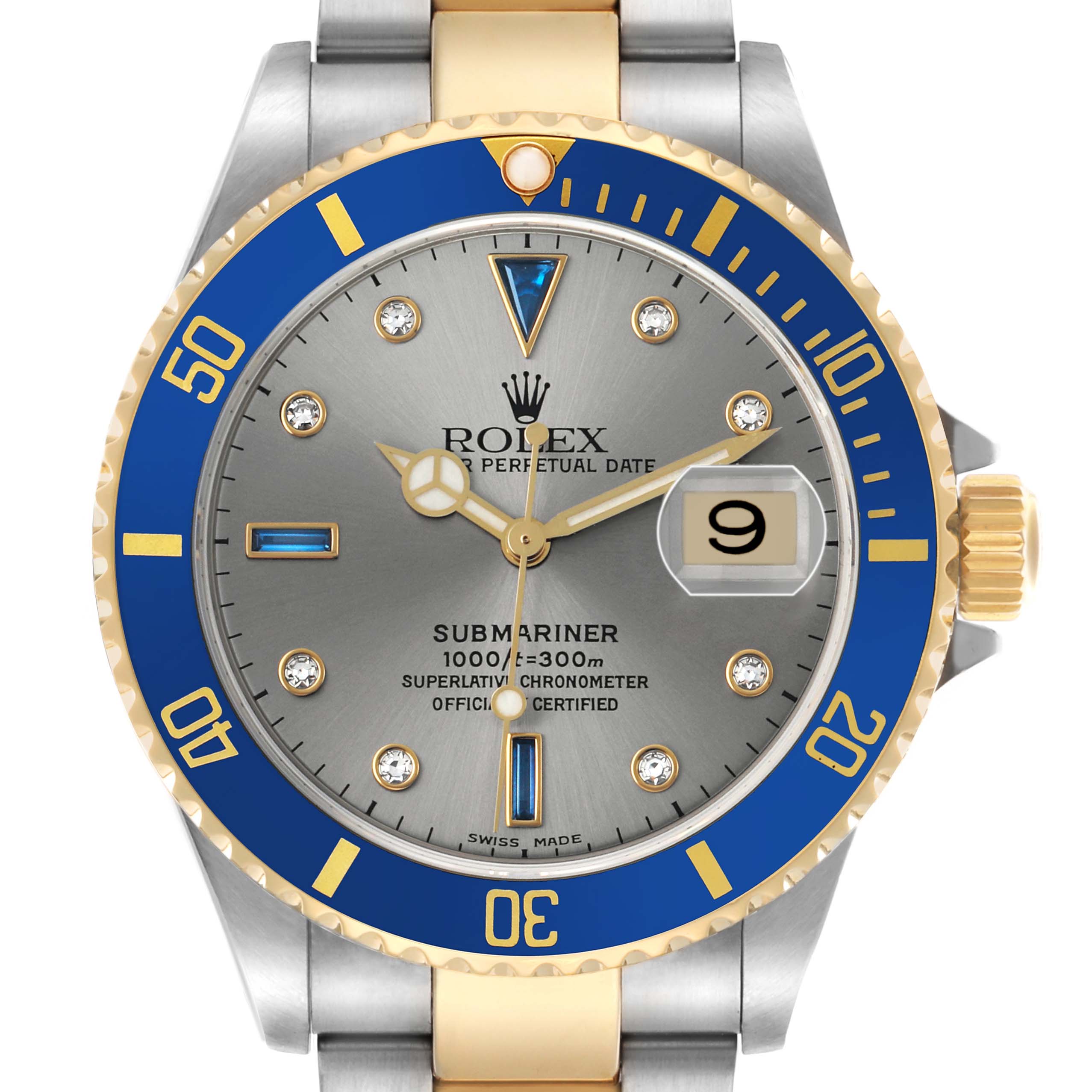 The image shows a top view of the Rolex Submariner 16613 Men's Steel and Gold (two tone) Silver Dial, highlighting its blue and gold bezel, silver dial, and date magnifier.