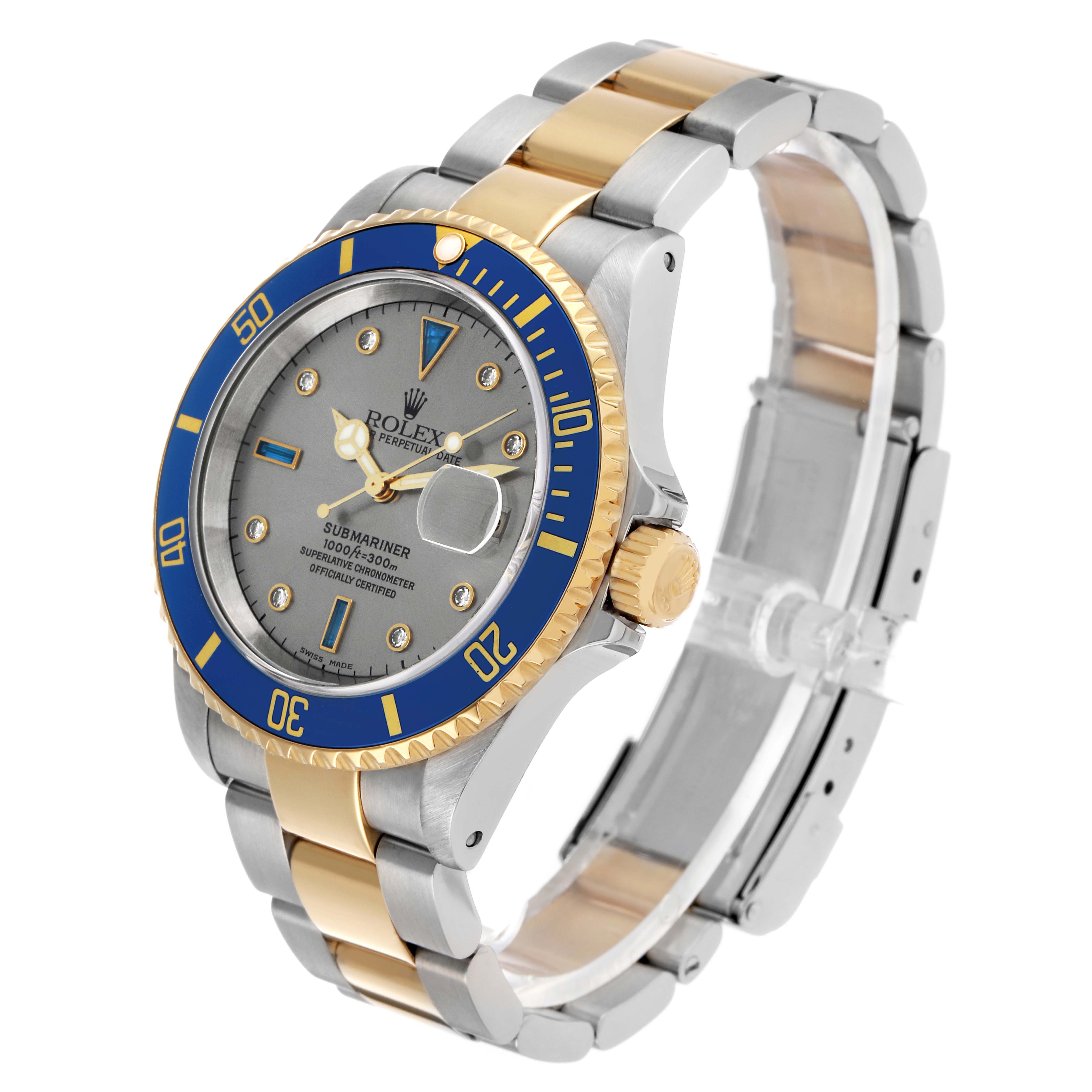 The Rolex Submariner 16613 Men's Steel and Gold (two tone) Silver Dial is shown at a three-quarter angle, highlighting the bezel, dial, crown, and bracelet.