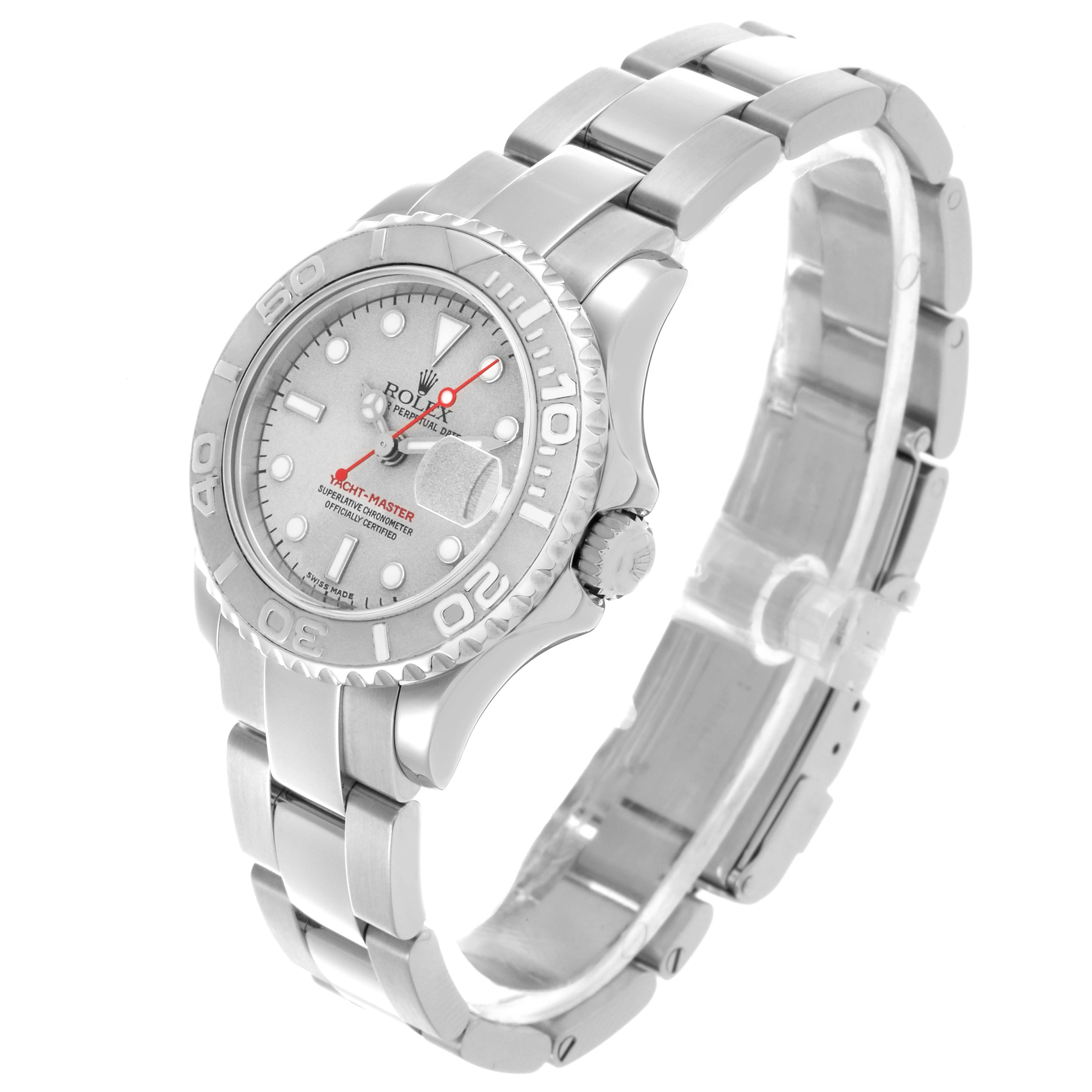 The Rolex Yacht-Master 169622 Women's Stainless Steel Silver Dial 169622 Women's Stainless Steel Silver Dial watch is shown at a three-quarter angle, displaying the face, bezel, crown, and part of the bracelet.
