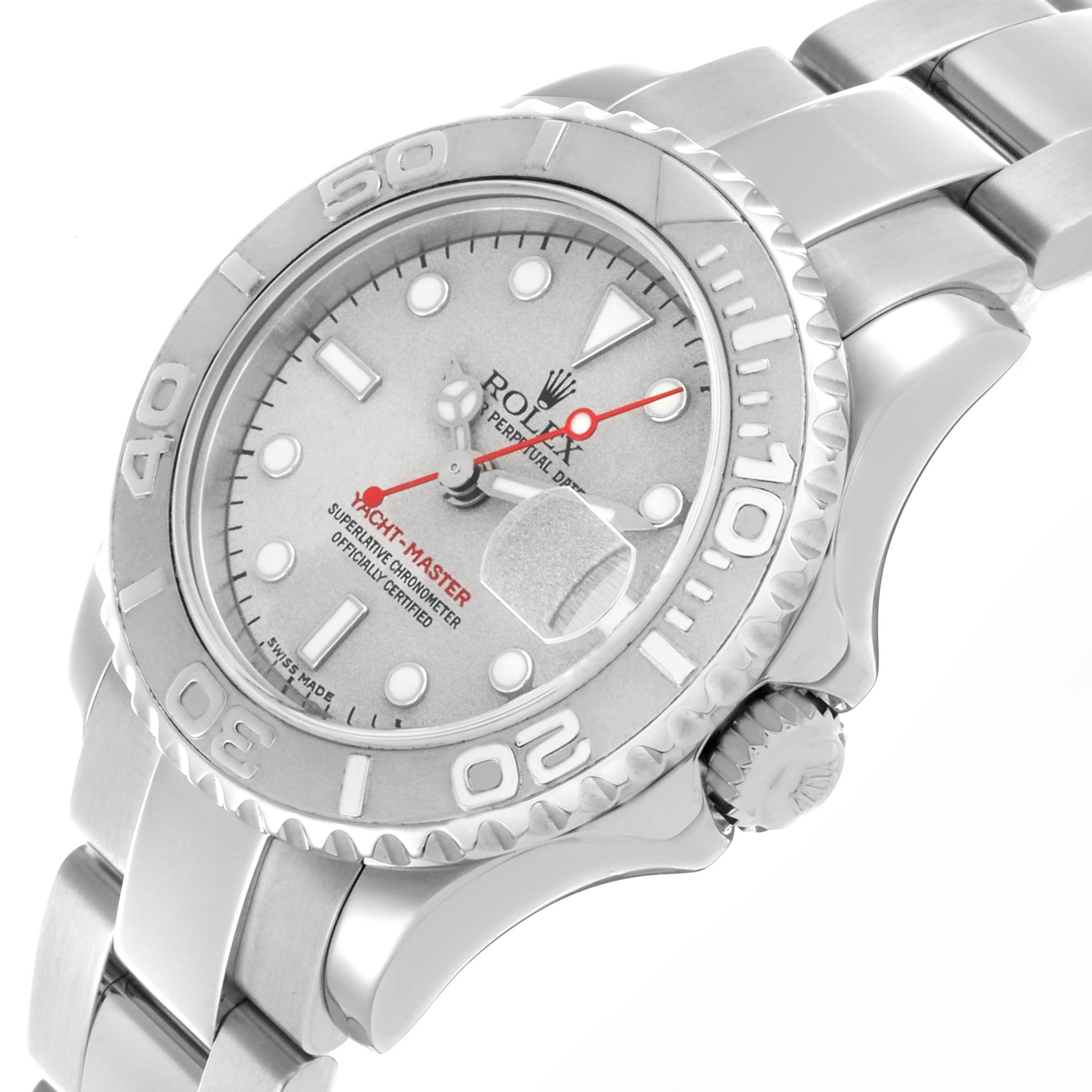 The Rolex Yacht-Master 169622 Women's Stainless Steel Silver Dial 169622 Women's Stainless Steel Silver Dial watch is shown at an angle emphasizing the dial, bezel, crown, and part of the bracelet.