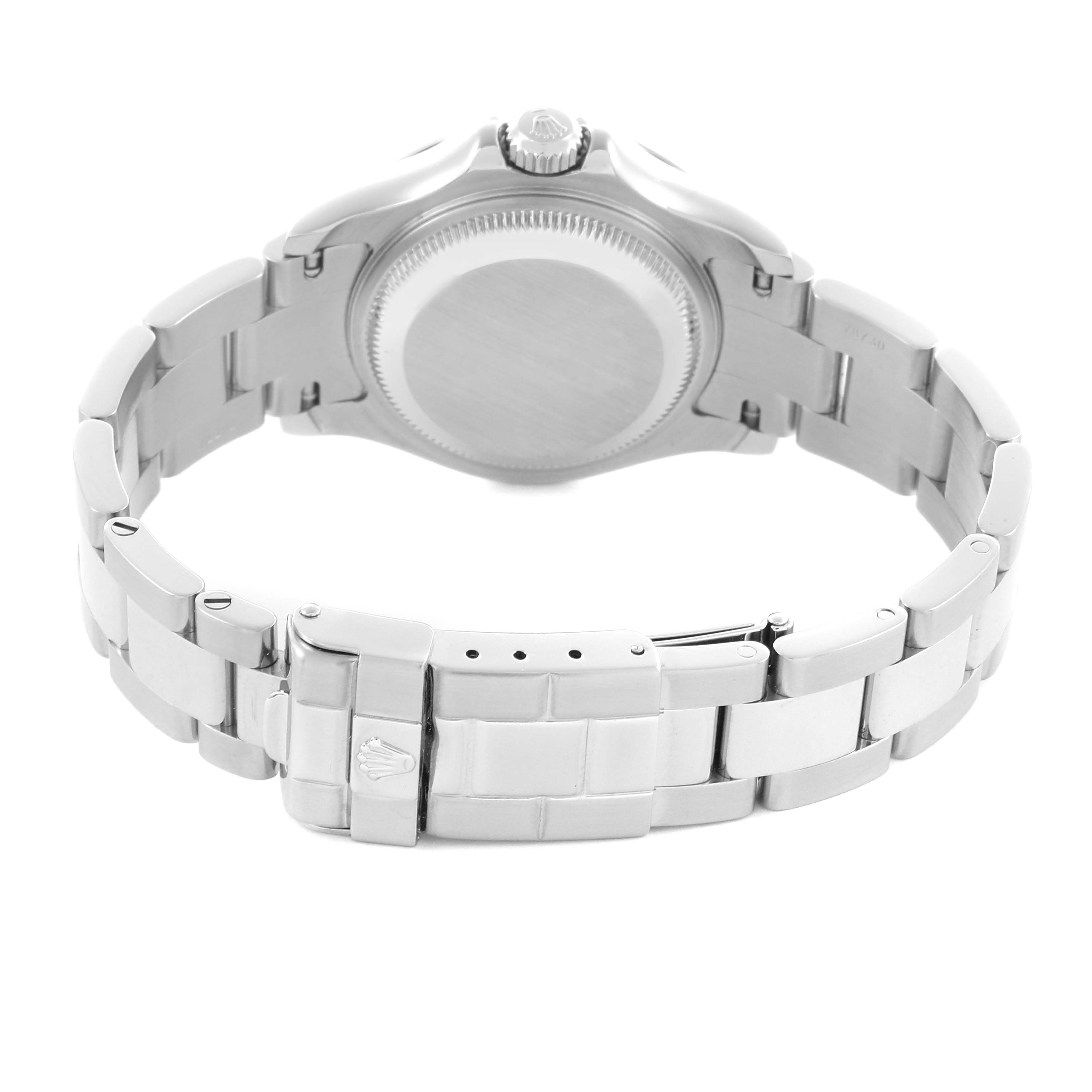 The Rolex Yacht-Master 169622 Women's Stainless Steel Silver Dial 169622 Women's Stainless Steel Silver Dial watch is shown from the back, highlighting the clasp and bracelet links.