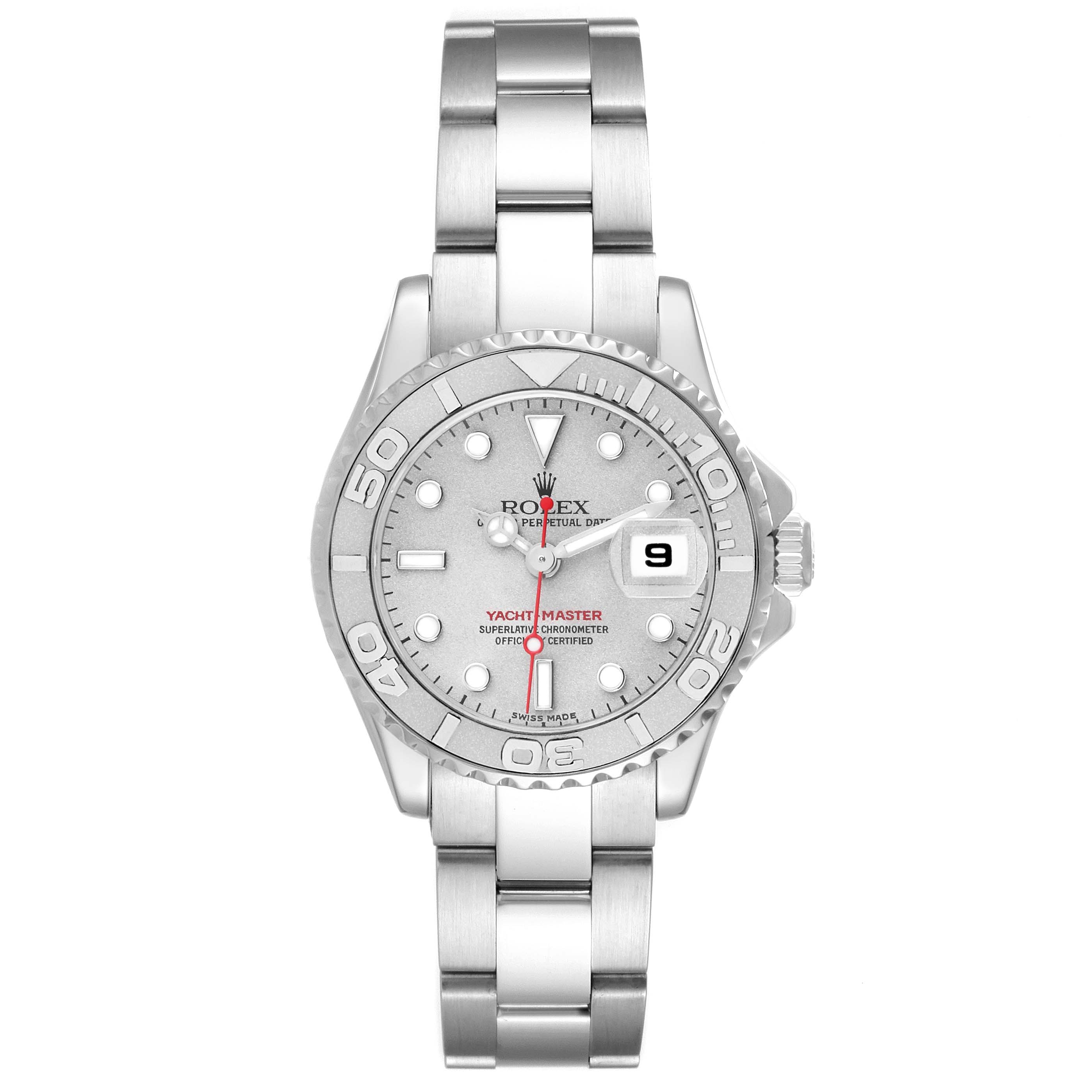 The Rolex Yacht-Master 169622 Women's Stainless Steel Silver Dial 169622 Women's Stainless Steel Silver Dial watch is shown from the front, featuring its dial, bezel, and bracelet.