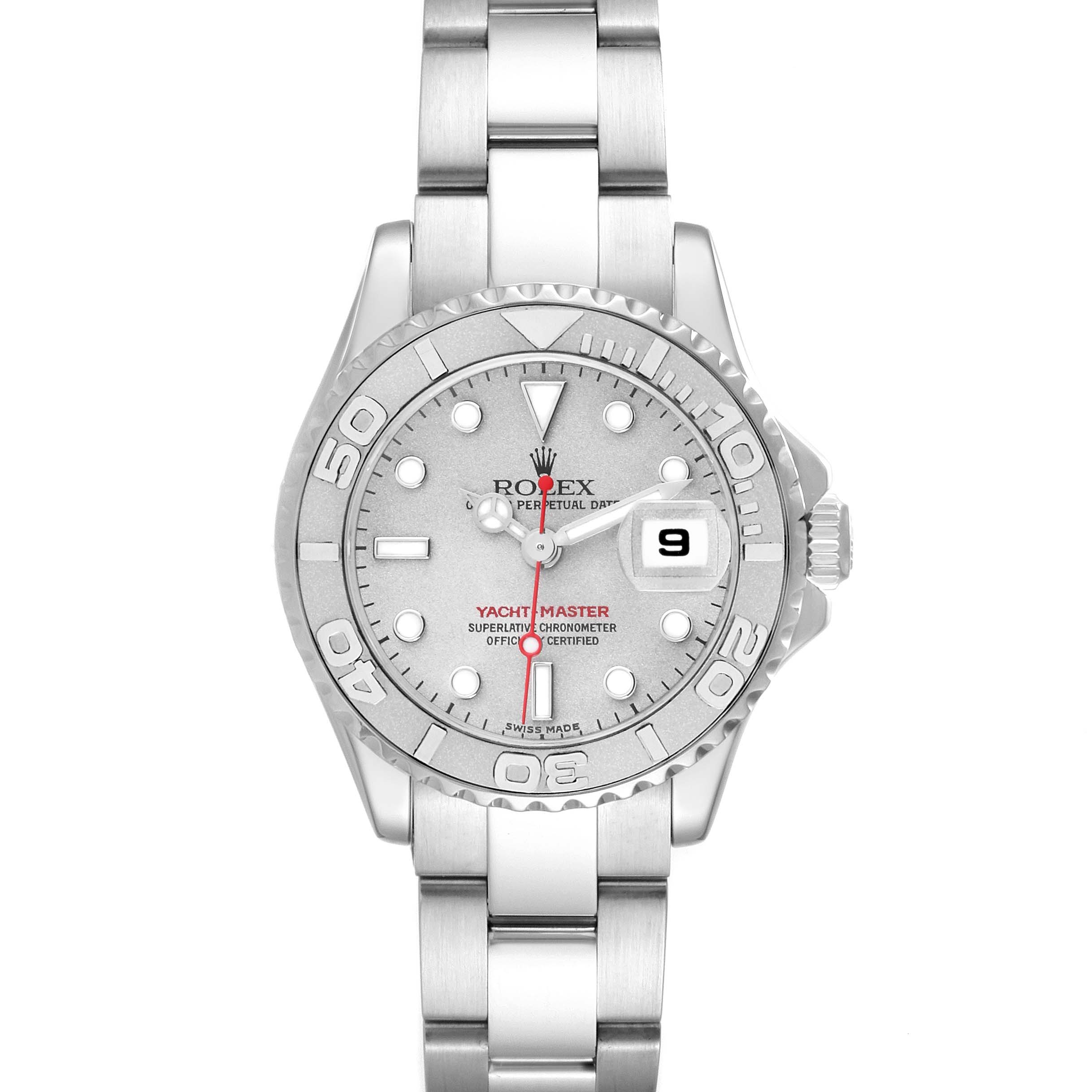 The image shows a front view of the Rolex Yacht-Master 169622 Women's Stainless Steel Silver Dial 169622 Women's Stainless Steel Silver Dial watch, including its dial, bezel, and bracelet.