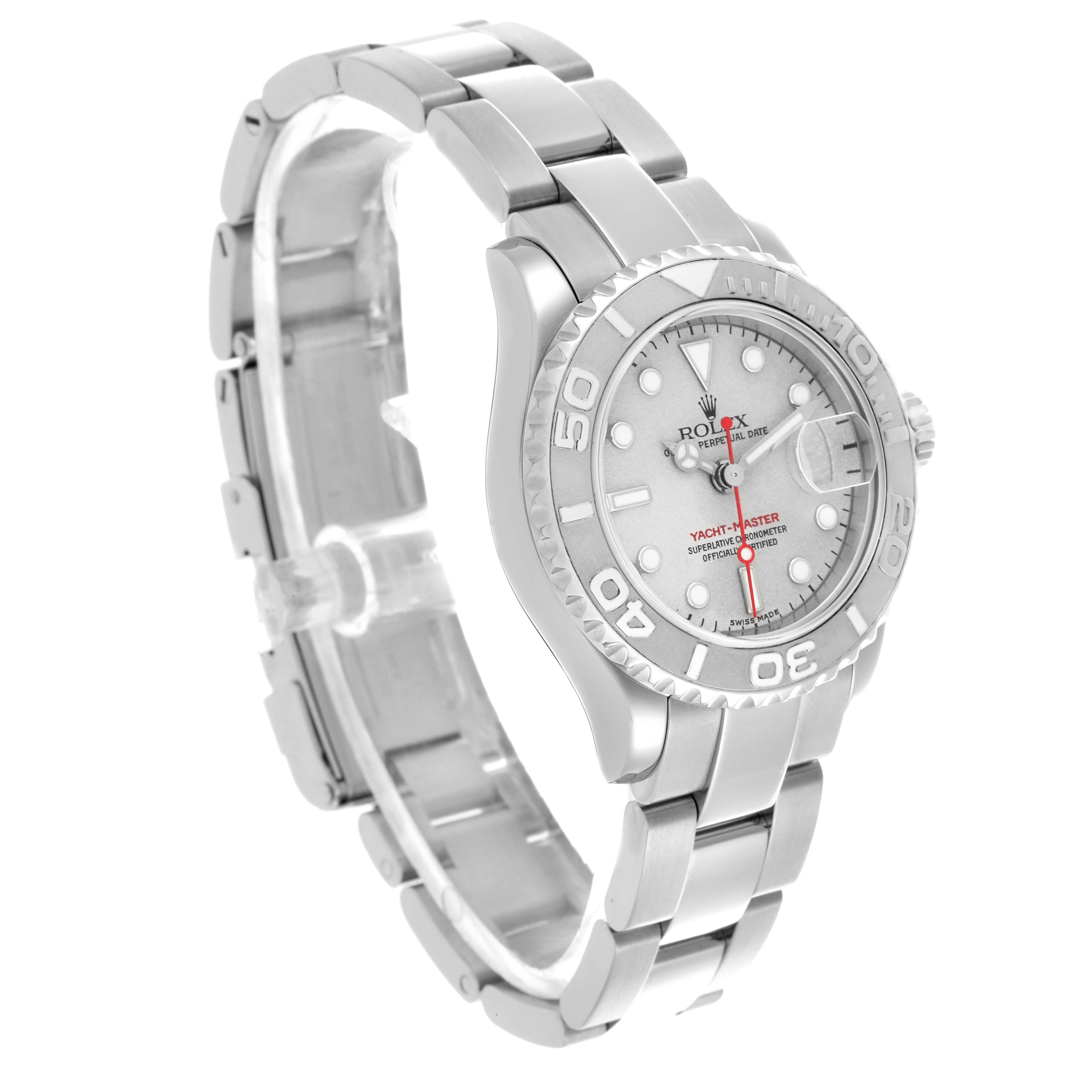 The Rolex Yacht-Master 169622 Women's Stainless Steel Silver Dial 169622 Women's Stainless Steel Silver Dial watch is shown from an angled side view, displaying the face, bezel, and bracelet.