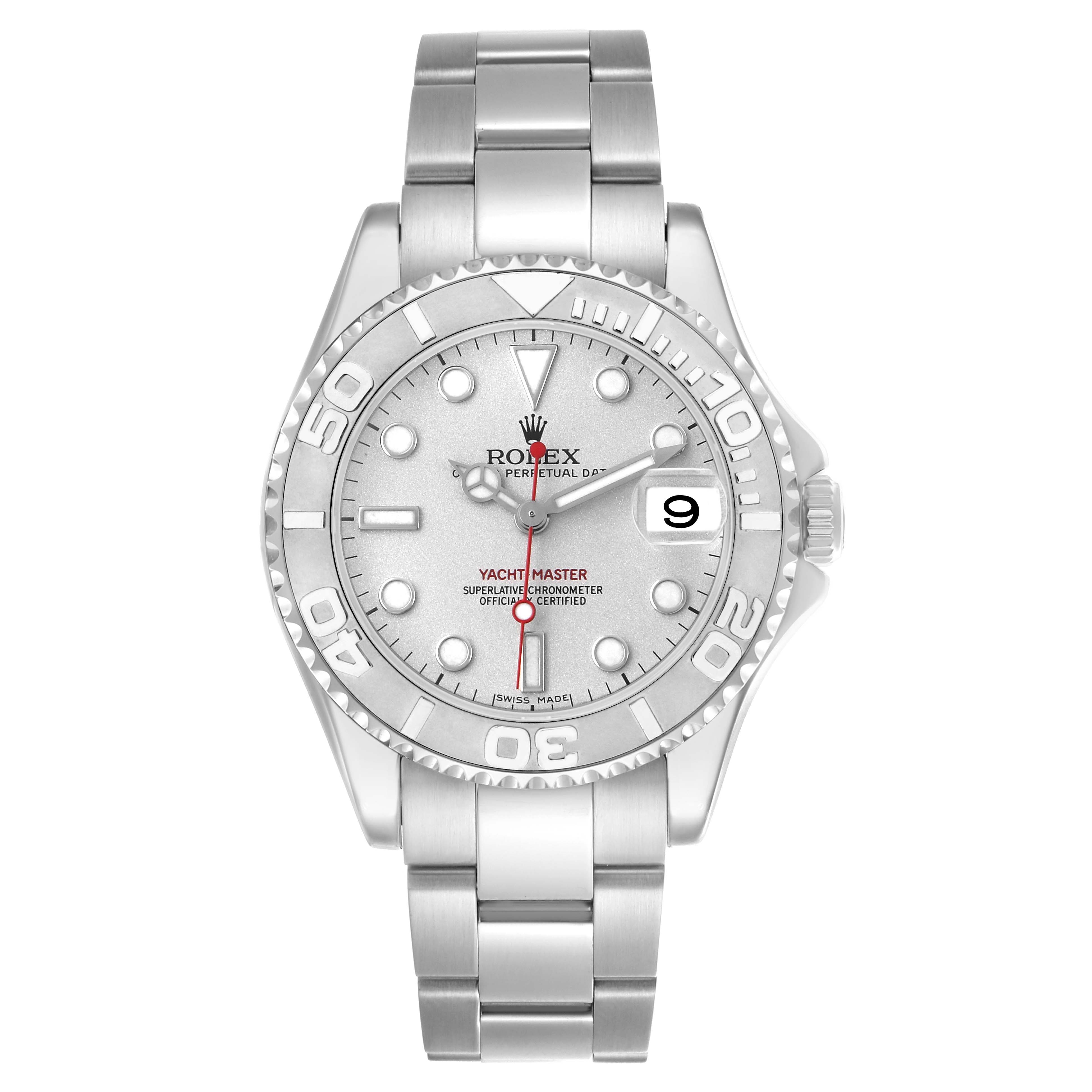 The Rolex Yacht-Master 168622 Men's Stainless Steel Silver Dial watch is shown from a top-down angle, displaying the dial, bezel, hands, bracelet, and date window.