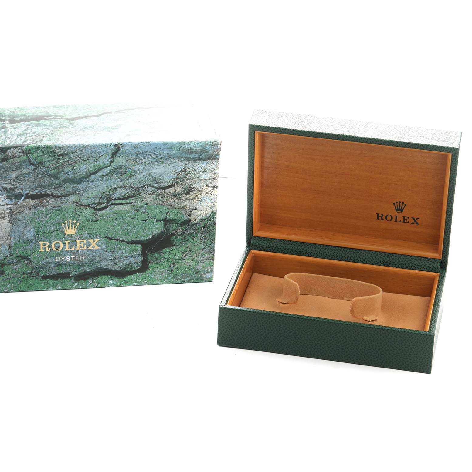 The image shows an open Rolex Yacht-Master 168622 Men's Stainless Steel Silver Dial watch box at an angle, with the outer box on the left.