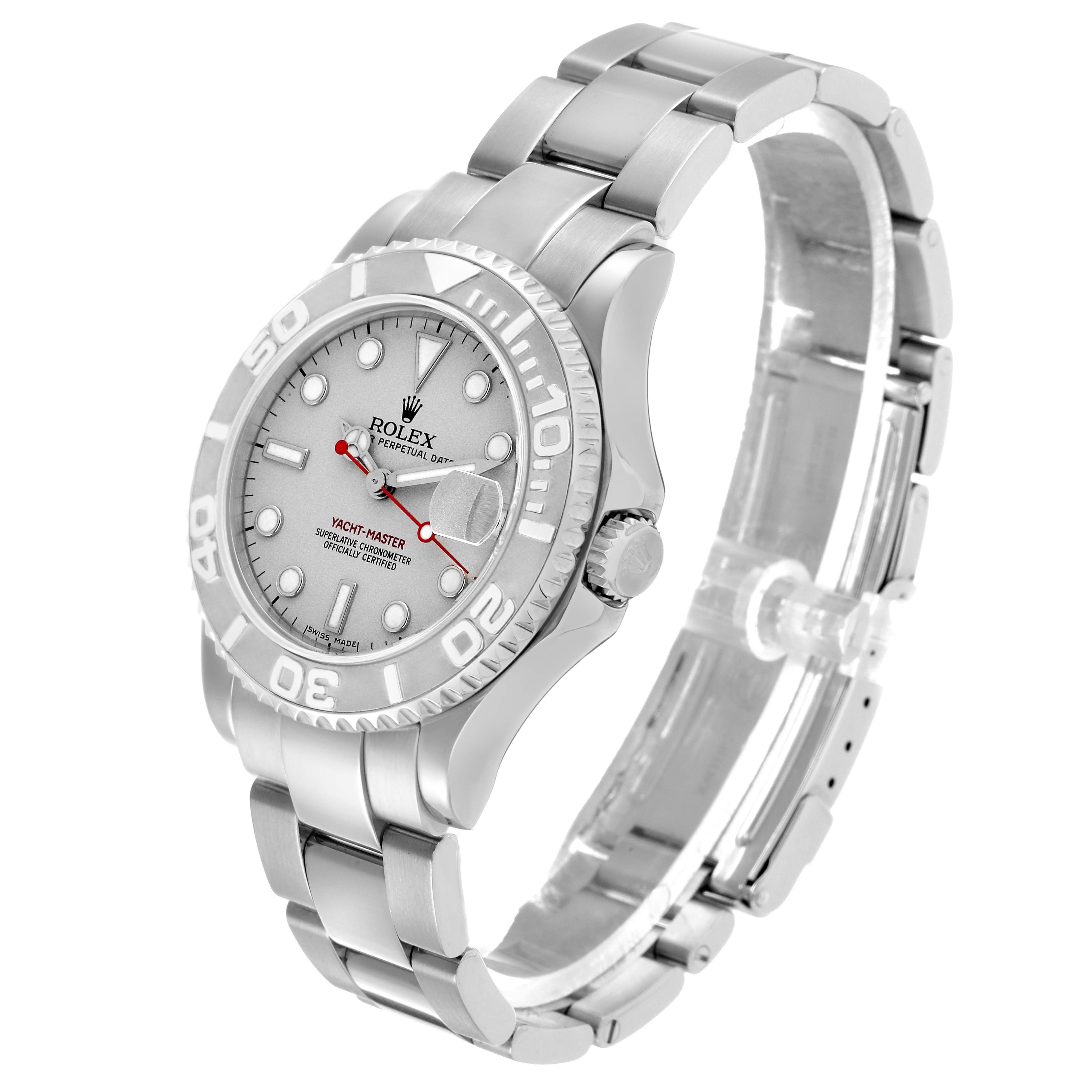 The Rolex Yacht-Master 168622 Men's Stainless Steel Silver Dial watch is shown at a three-quarter angle, displaying its face, bezel, and full bracelet.