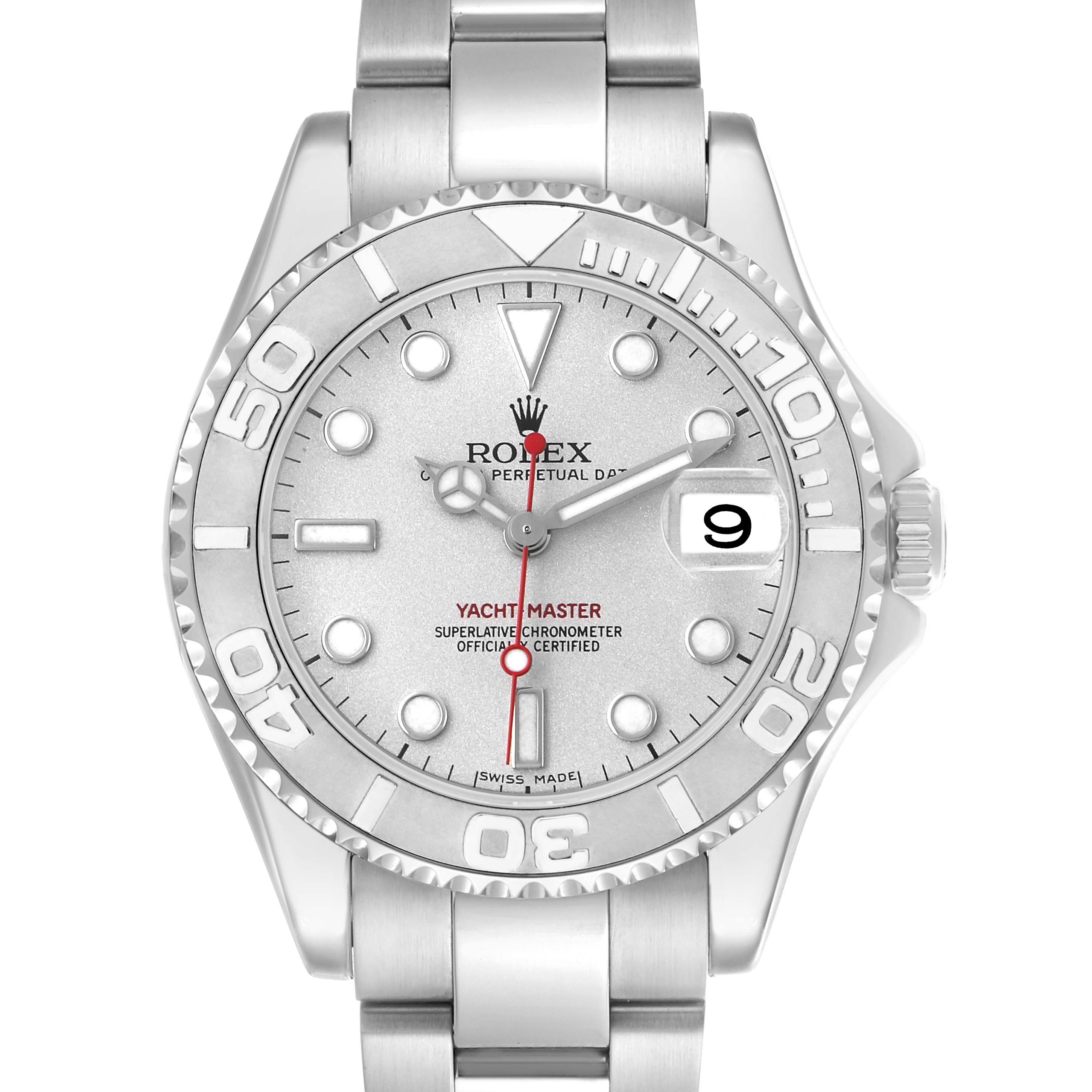 The Rolex Yacht-Master 168622 Men's Stainless Steel Silver Dial watch is shown from the front, highlighting the dial, bezel, bracelet, and date window.